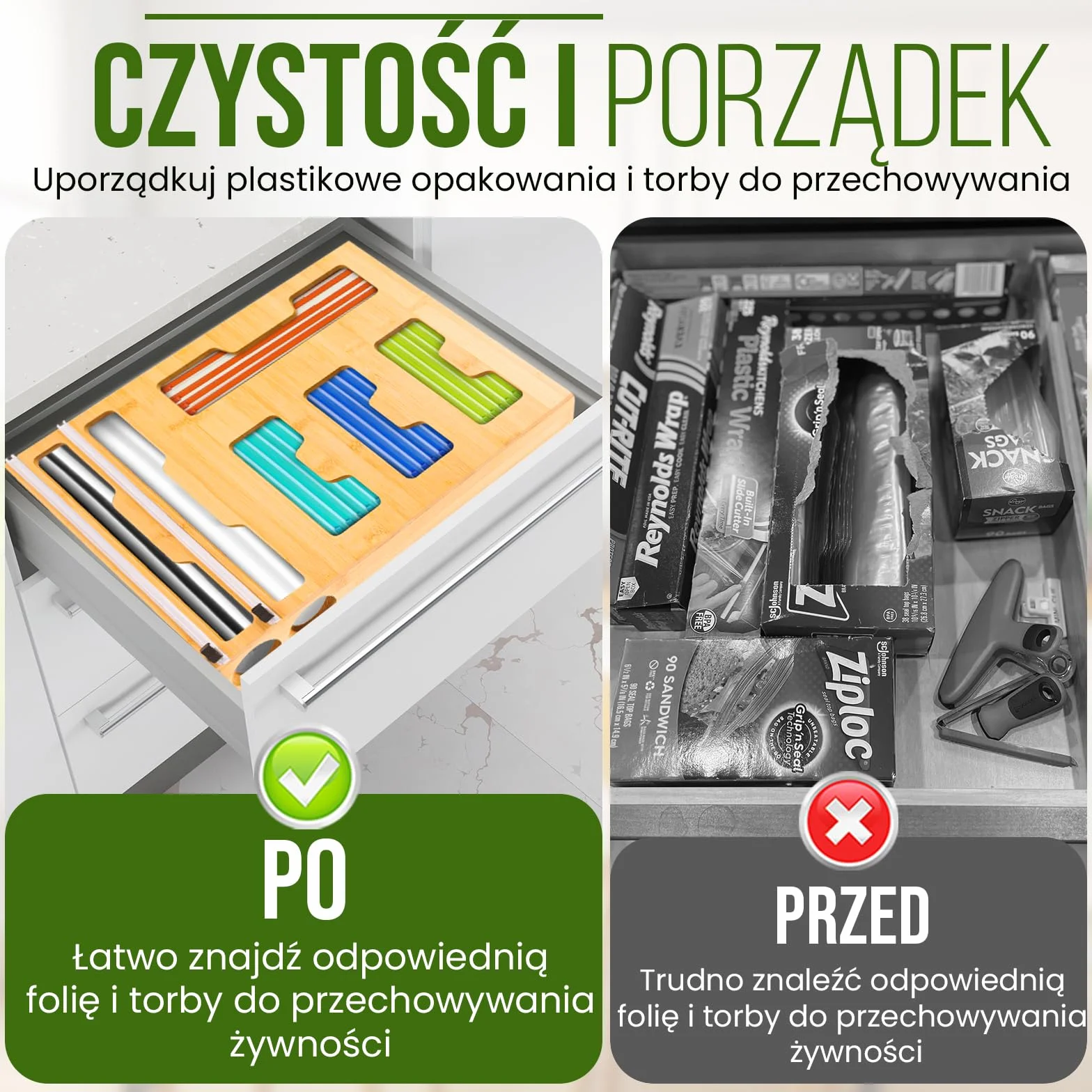 Akcesoria kuchenne 6 w 1 z bambusa z przezroczystym obcinaczem do folii i aluminium, dozownik do zamrażania, 43 x 33 x 9,6 cm, 4 przegródki na torby, 2 wbudowane nożyczki