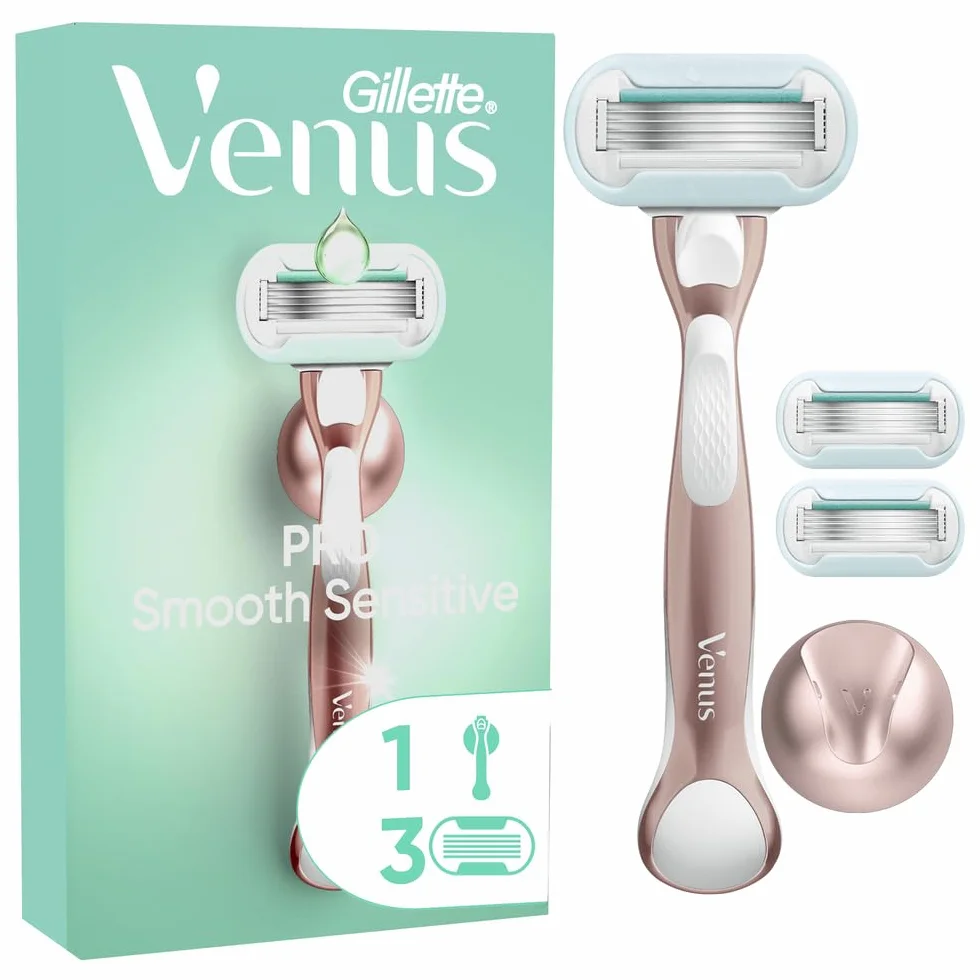 Gillette Venus Deluxe Smooth Sensitive maszynka do golenia dla kobiet, 3 wkłady do maszynki do golenia, metalowy uchwyt w kolorze różowego złota, Lubrastrip z odrobiną aloesu, golarki dla kobiet o