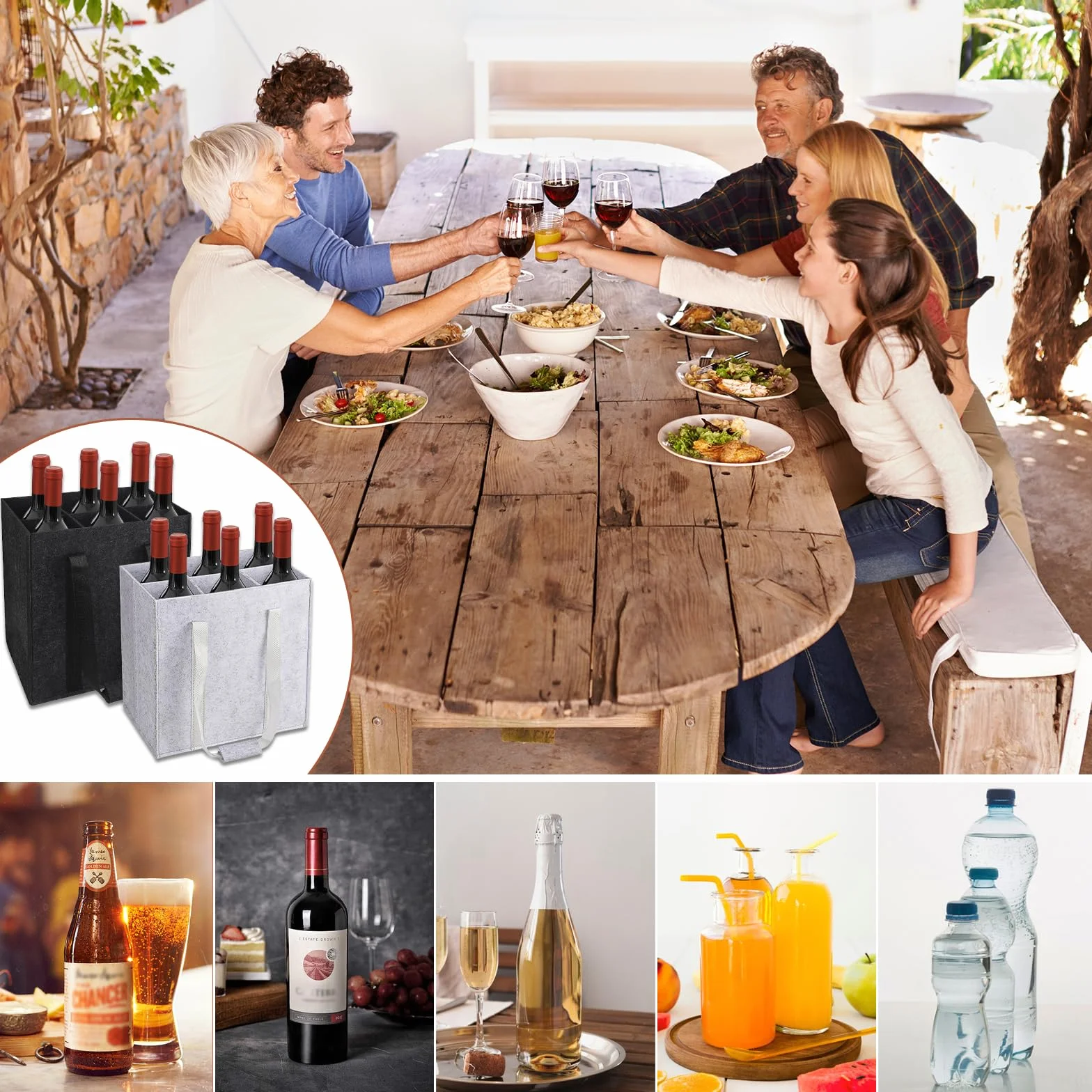 Torba na butelki z filcu z recyklingu, 6 przegródek, do butelek 1,5 l,2pcs