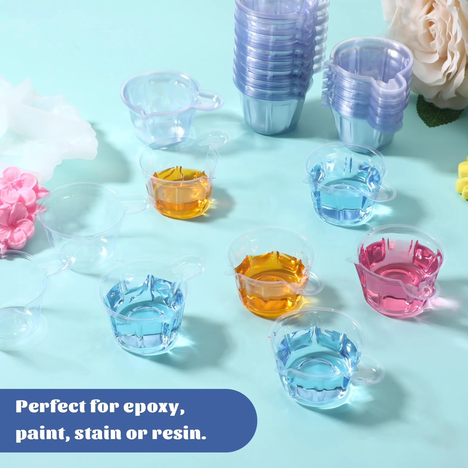 150 sztuk kubków z miarką, jednorazowe, plastikowe, do mieszania, małe przezroczyste kubki z tworzywa sztucznego, kubki do farbowania, DIY, kryształowe, epoksydowe, do mieszania, kolor plamki (40 ml)
