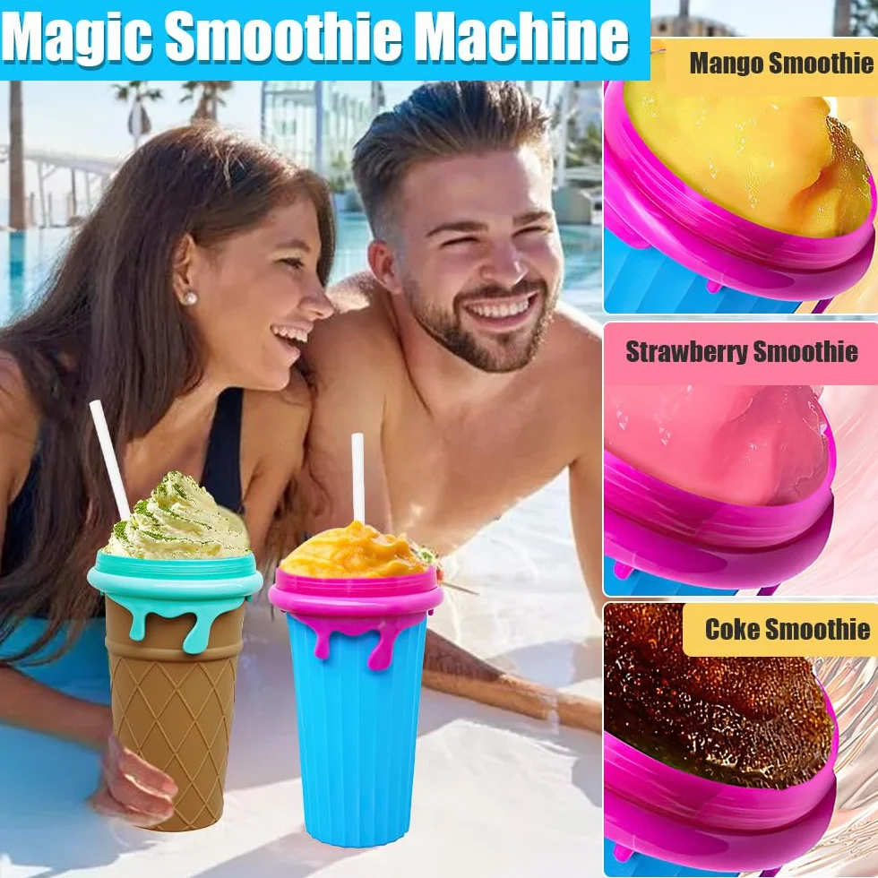 LUFEIS Slushy Maker Cup, 2 szt. 500 ml Frozens Squeeze Cup silikonowy kubek z słomą i łyżką 2 w 1, smoothie DIY Homemade Smoothie Cup, wielokrotnego użytku, dwuwarstwowe smoothie