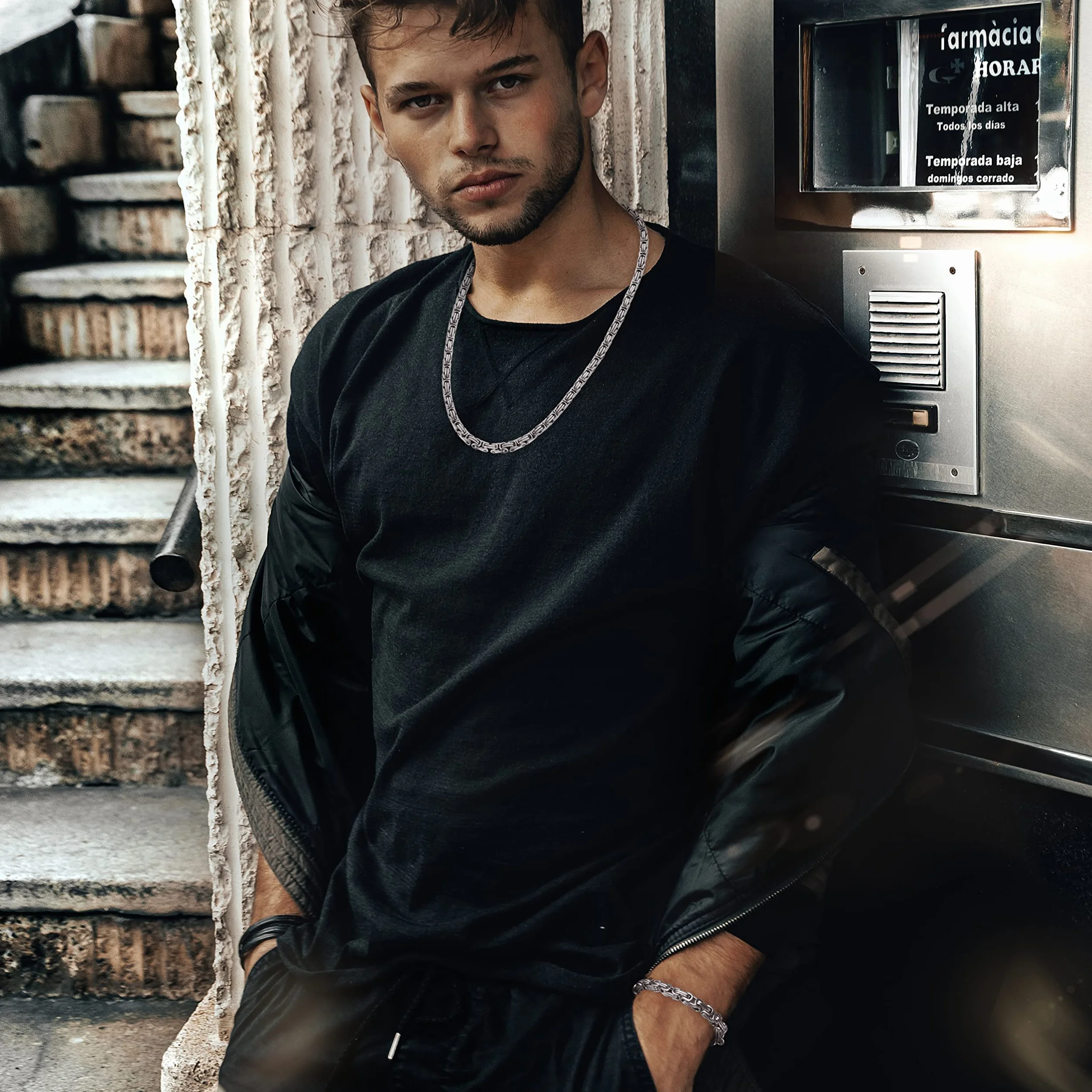 KRFY Męski łańcuszek bizantyjski i srebrna bransoletka 8 mm ze stali nierdzewnej, gruby łańcuszek, biżuteria hip-hop dla mężczyzn, chłopców, długość 51, 61, 71 cm