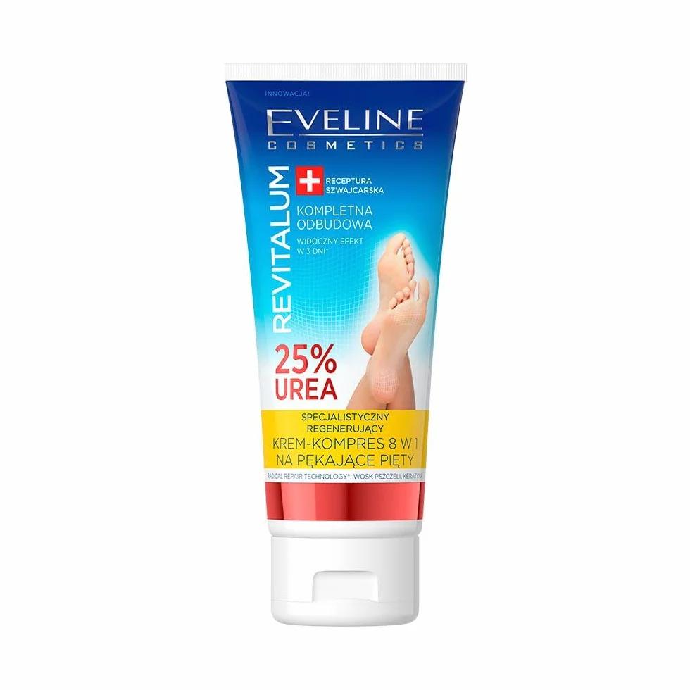 Eveline Cosmetics Revitalum Krem-Kompres Na Popękane Pięty 8 w 1 | 75 ml | Nawilżający Krem ​​Do Stóp Na Popękane Pięty | 25% MOCZNIKA | Formuła Szybko Wchłaniająca Się | Orzeźwiający Ekstrakt z Mięty