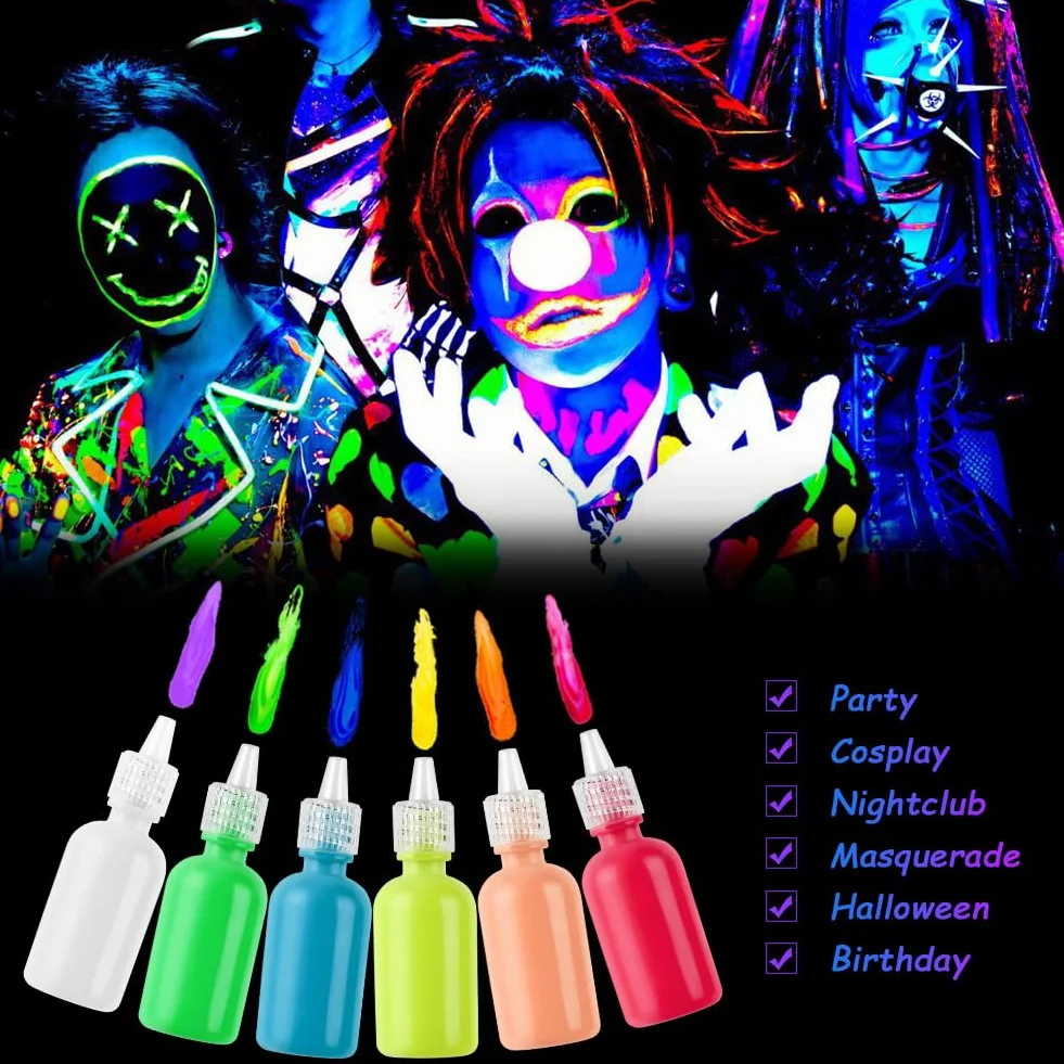 LOPHE Zestaw farb fluorescencyjnych, 6 x 30 ml, obraz z blaskiem UV, kolorowy neonowy zestaw do twarzy i ciała, Halloween, Boże Narodzenie, A