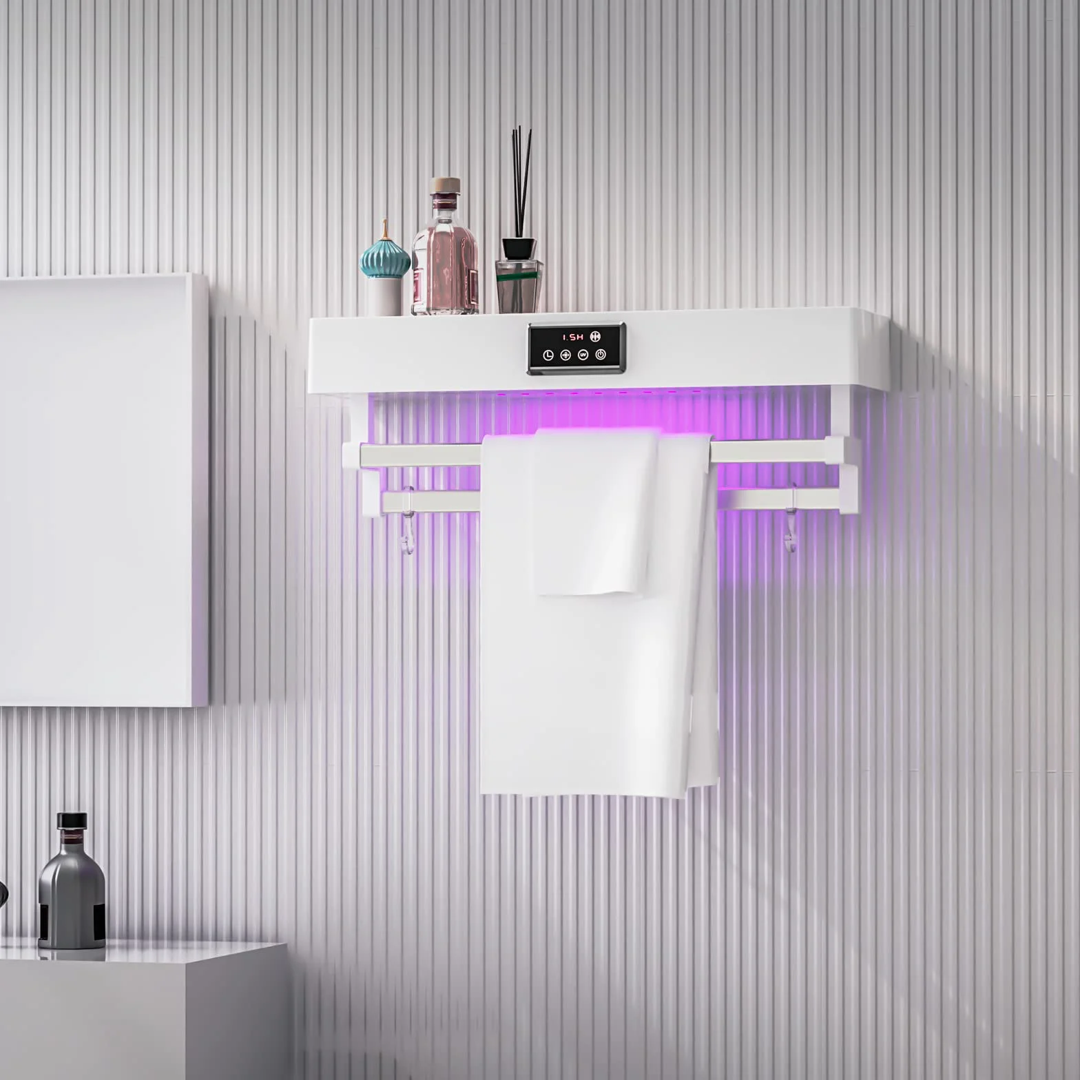 QL Elektrycznie Ogrzewany Wieszak na Ręczniki z Dezynfekcją UV i Szybkie Suszenie 500W,Grzejnik Ręczników do Łazienki i Kuchni 60CM,Biały