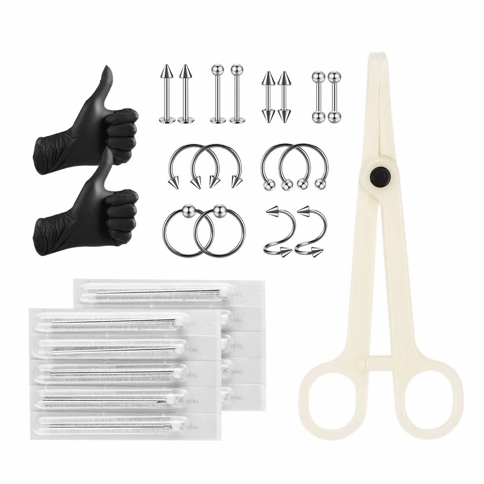 ATOMUS Zestaw kolczyków 16 rodzajów biżuterii banan 5 szt. 14 G piercing Needles 16 G stal nierdzewna Belly Button Bar Piercing Tweezers