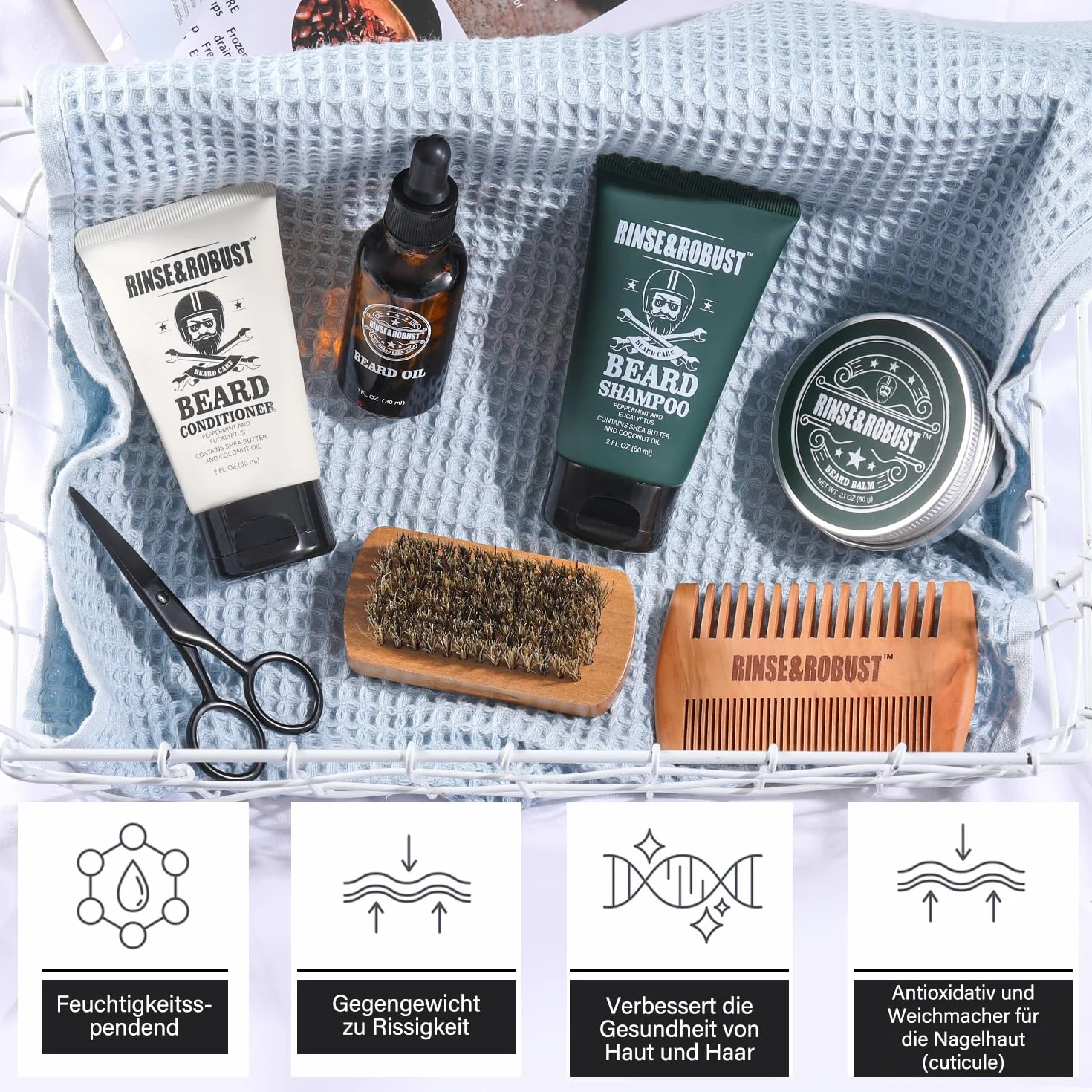 Rinse&Robust 8-częściowy zestaw do pielęgnacji brody z torbą podróżną, zapachem eukaliptusa, szczotką, grzebieniem, nożyczkami do brody, szamponem do brody