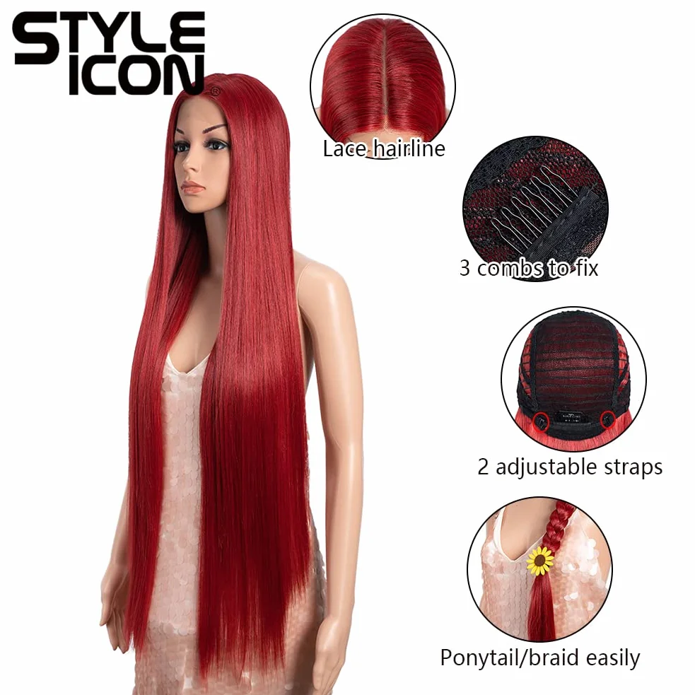 Style Icon Peruki z koronką, 94 cm, super długie, koronkowe, z przodu, jedwabiste proste włosy, dla kobiet, miękkie peruki syntetyczne (M.RED)