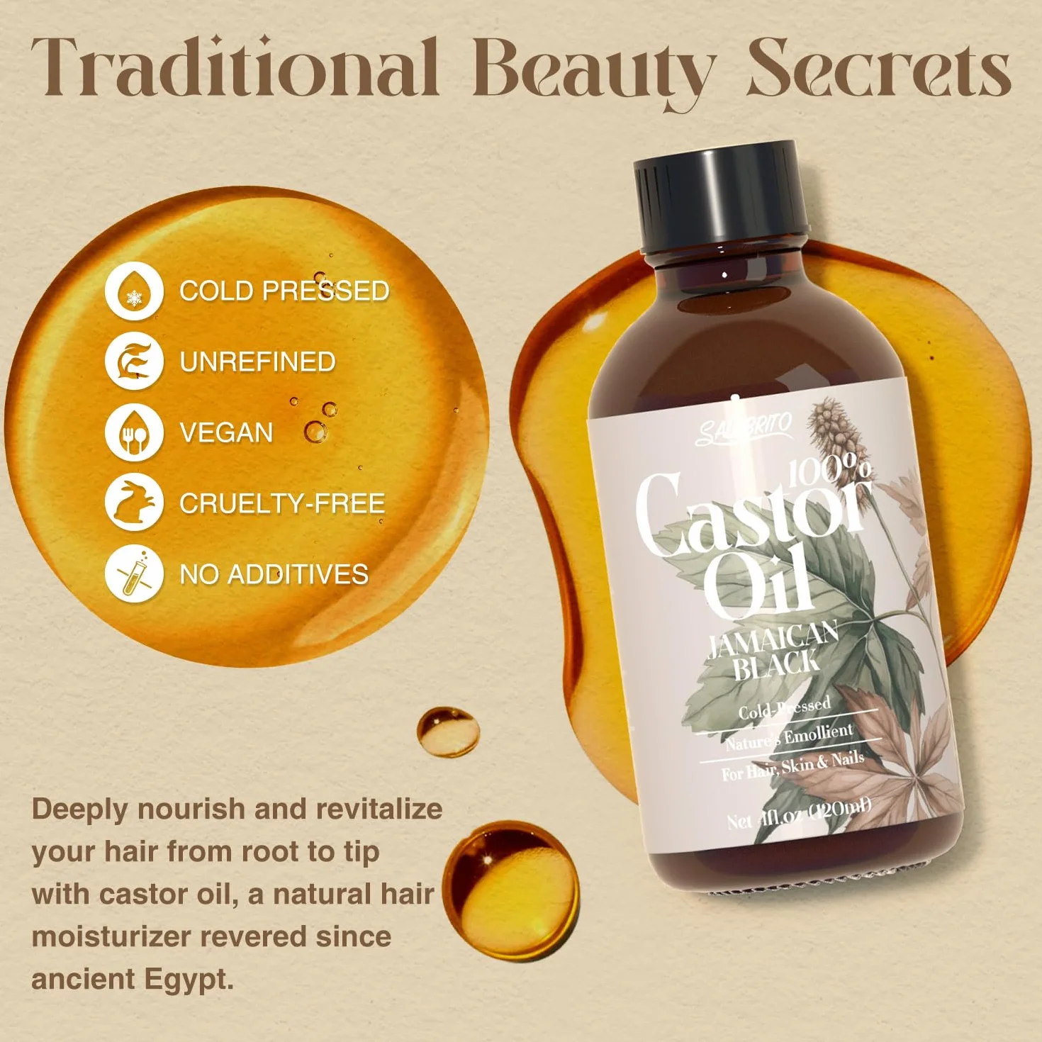 Salubrito Castor Oil Organic 120ml, 100% czysty, naturalny, tłoczony na zimno olej rycynowy do włosów, rzęs, brwi, paznokci, pielęgnacji skóry, naturalny olej do włosów dla mężczyzn i kobiet
