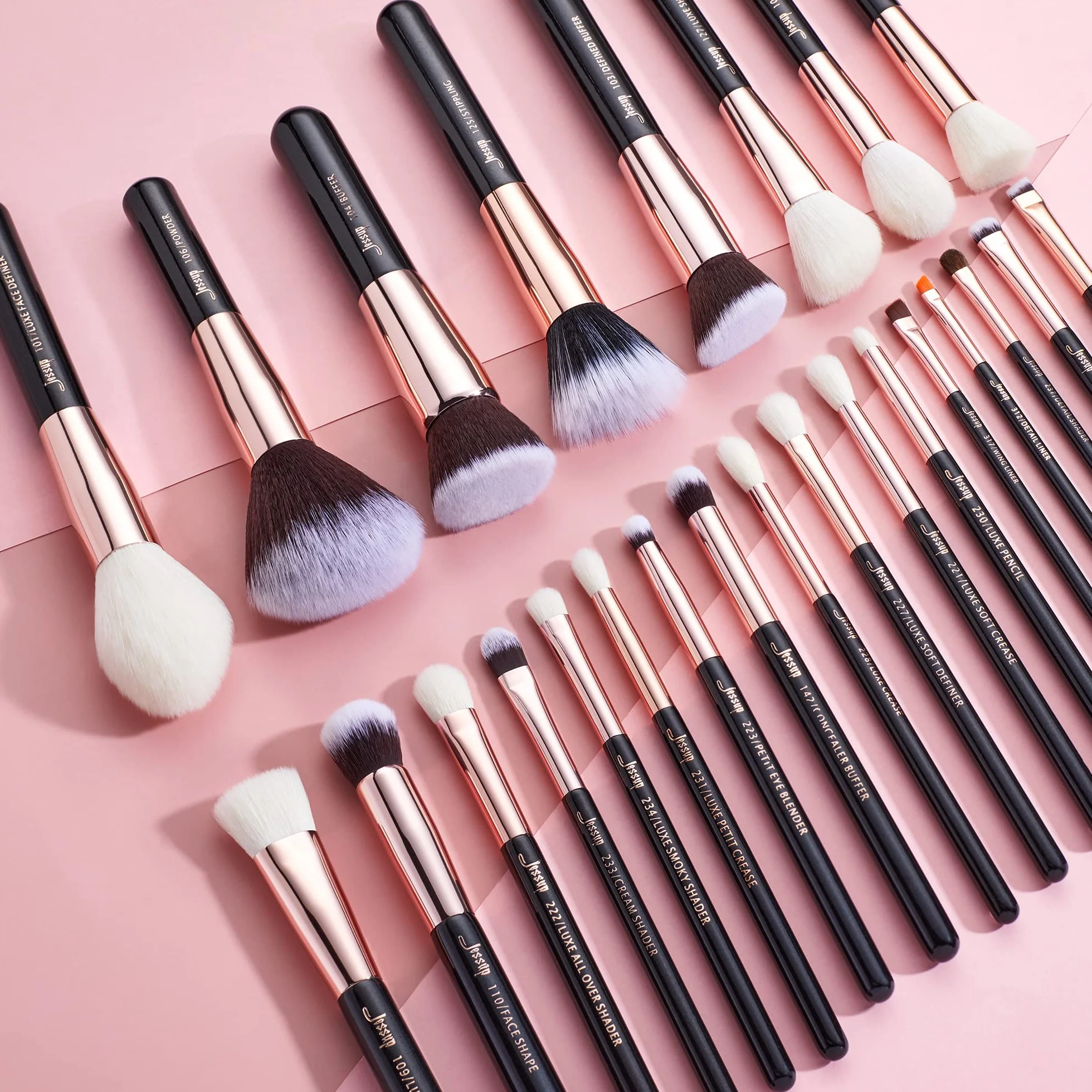Jessup pędzle do makijażu 25 sztuk Zestaw Profesjonalny zestaw Beauty Cosmetic Foundation Powder Rumieniec Pomadka Naturalne syntetyczne szczotki do włosów czarny/różowe złoto T155