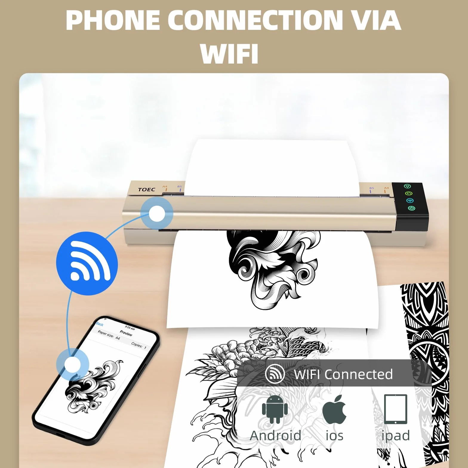 Atomus Maszyna do transferu tatuaży Mini drukarka termiczna z 5 arkuszami przenośnego papieru transferowego tatuażu USB wifi drukarka do tatuażu