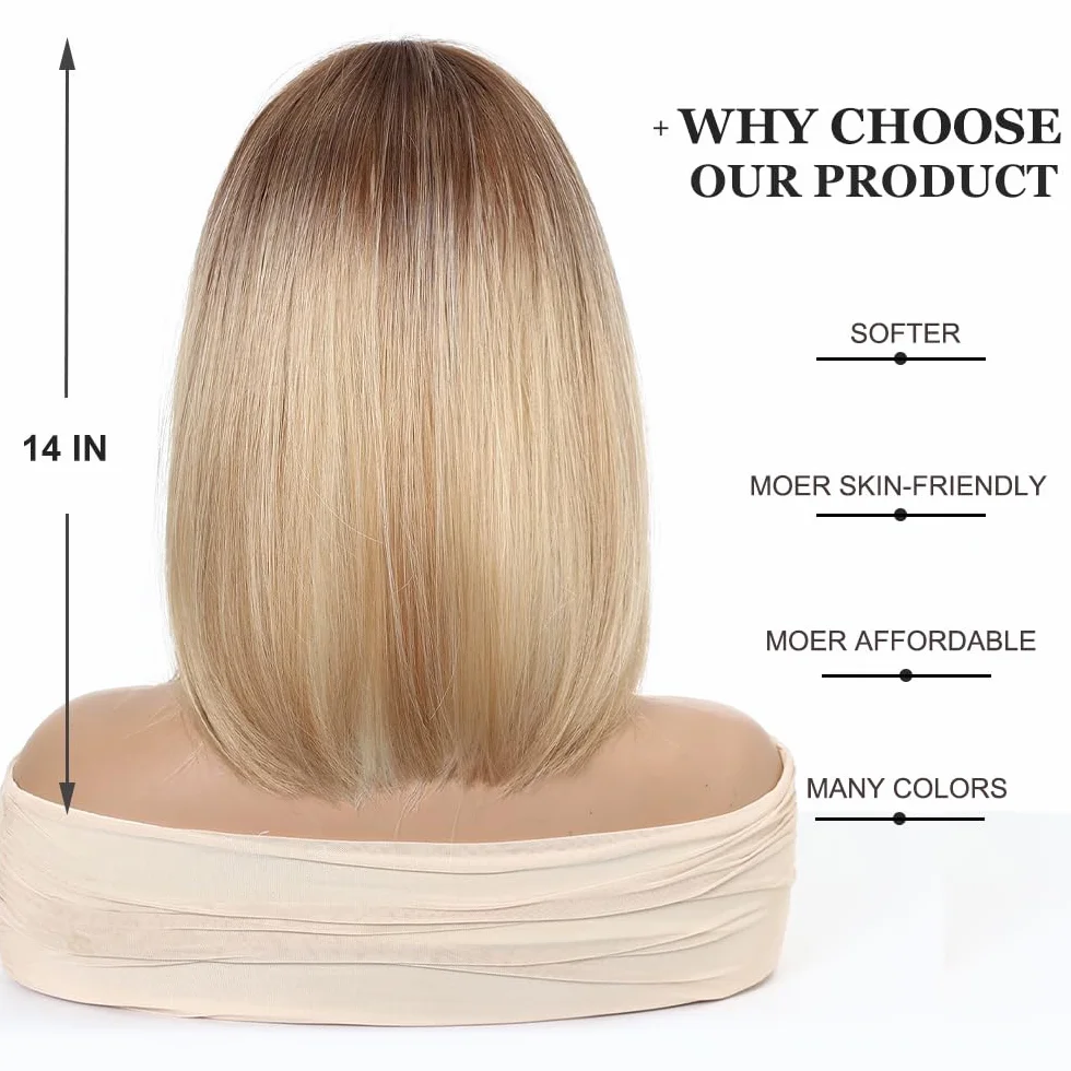 Esmee Krótka Prosta Blond Bob Peruka dla Kobiet Naturalne Syntetyczne Włosy Ombre Peruki z Brązowymi Korzeniami Cosplay Codzienne Użycie Imprezy -14 Cali