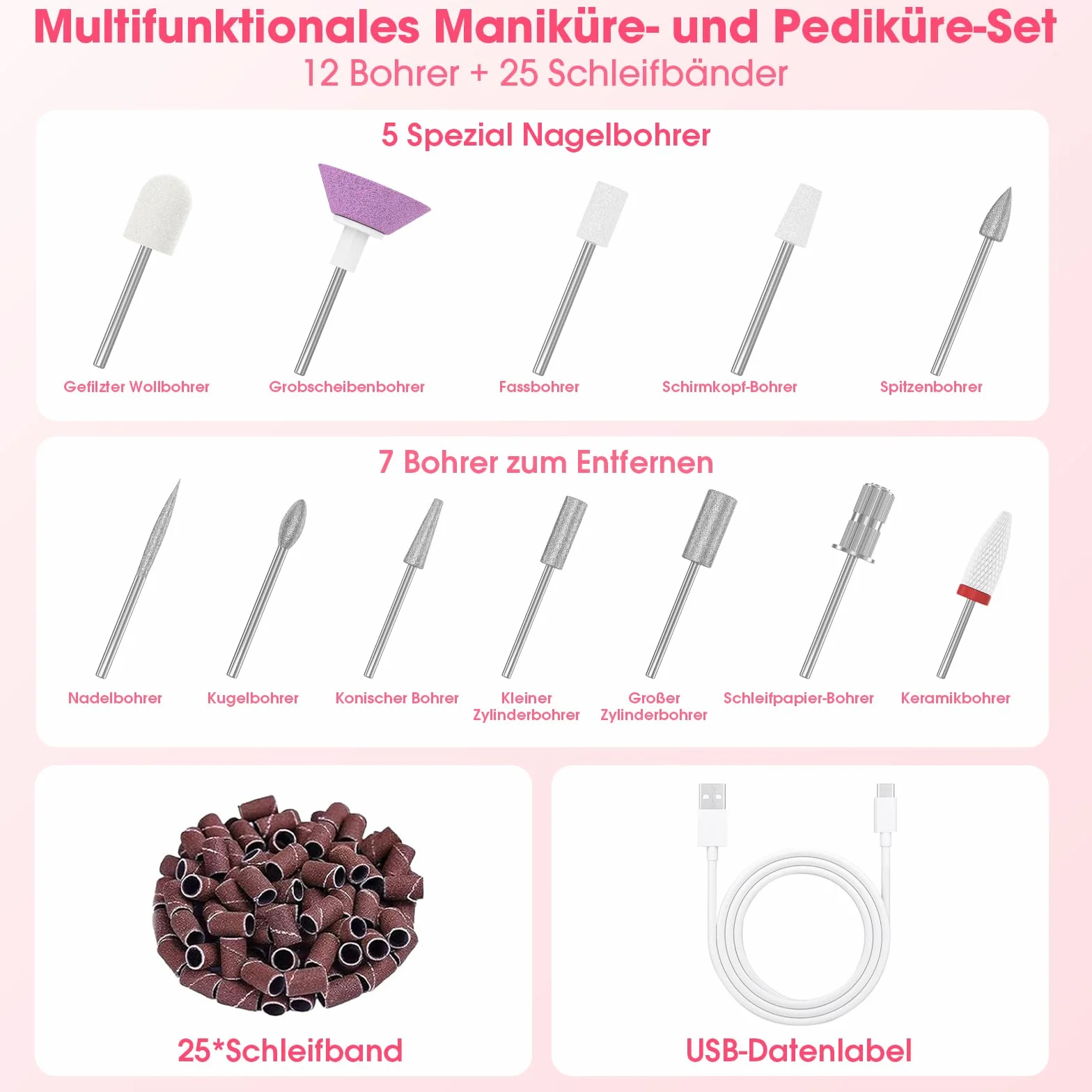 Karrong Elektryczne frezarki do paznokci bezprzewodowa, tryb pamięci, profesjonalny zestaw do manicure 12 w 1, 5 prędkości, oświetlenie LED, pilnik akumulatorowy, Narzędzia do paznokci akrylowych