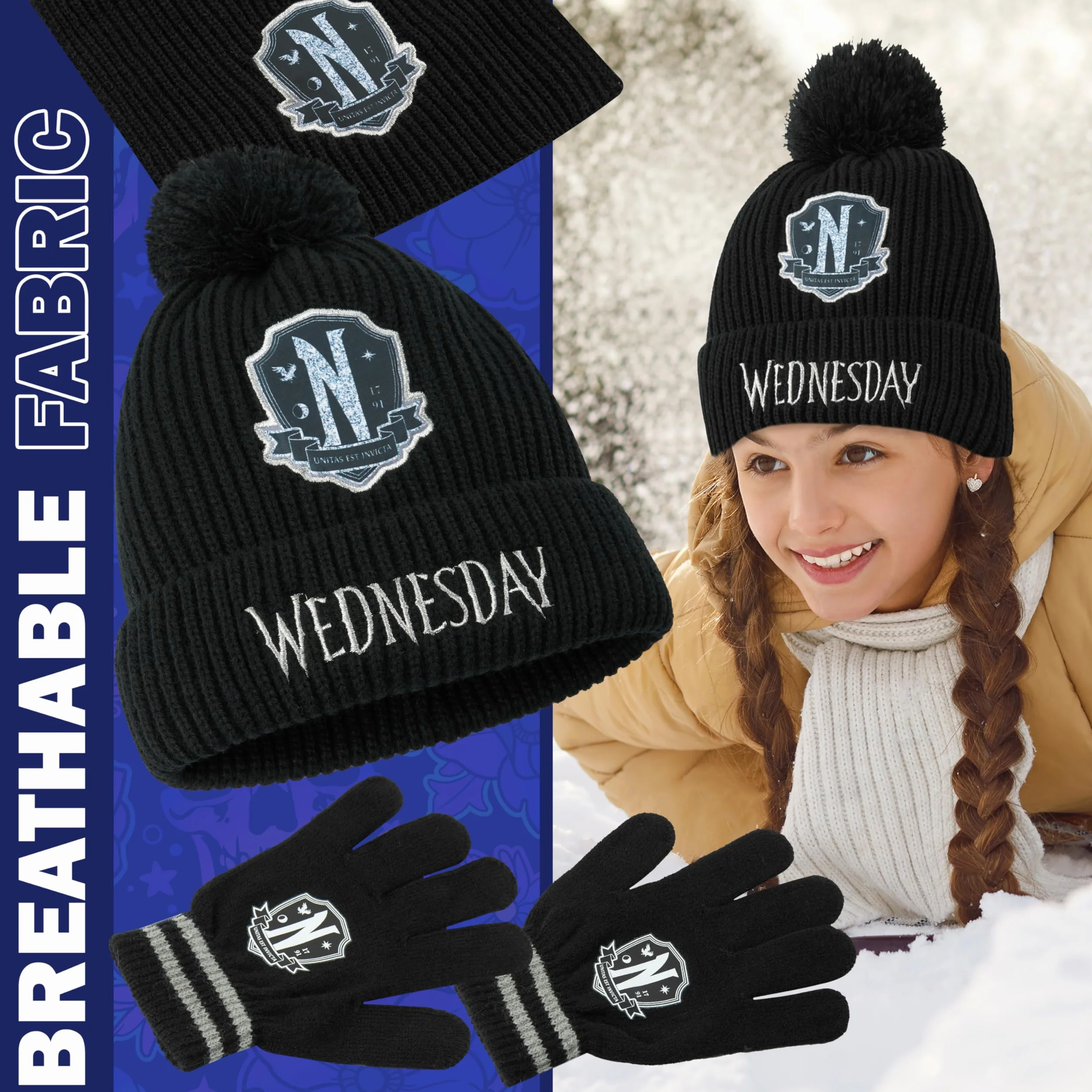 Wednesday Zestaw akcesoriów zimowych z zimową czapką beanie dla dziewczynek i nastolatków 6-14 lat, 3-częściowy ciepły szal i rękawiczki z dzianin, gotyckie prezenty dla dziewczynek