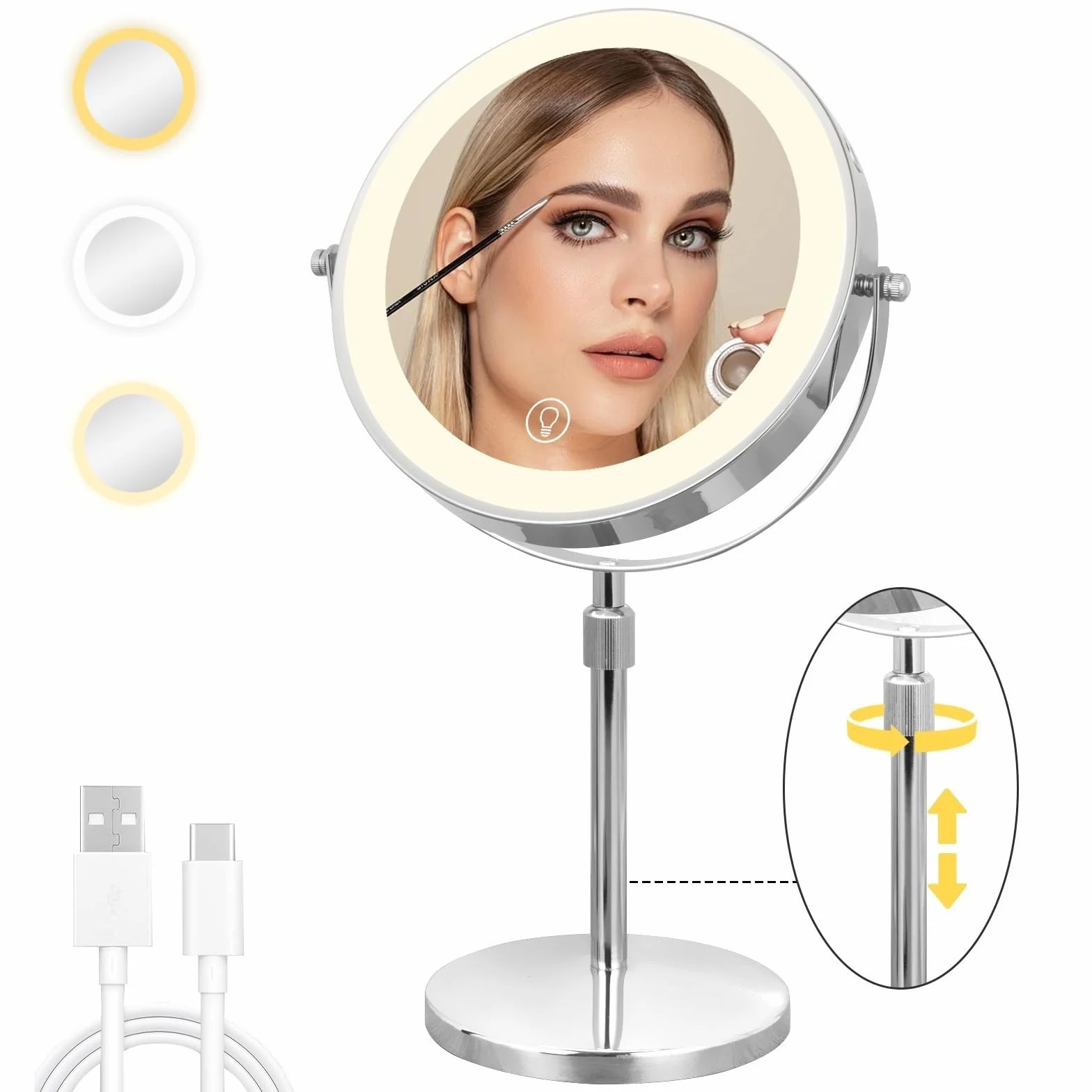 Cuteefun Lustro kosmetyczne 20 cm ze światłami, 1 x 10 x lustro powiększające na stojaku, regulowana wysokość i jasność, obrót o 360°, dwustronne, podświetlane lusterko do makijażu, do toaletki,
