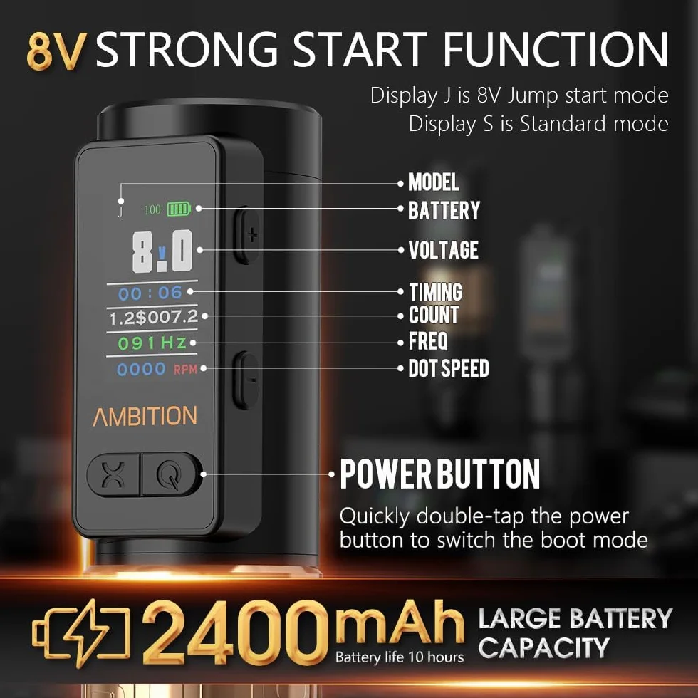 Ambition Soldier Max Maszynka do tatuażu Obrotowy pistolet na naboje 2400 mAh z dodatkową baterią 1800 mAh Funkcja rozliczeń Tryb częstotliwości dla artystów tatuażu