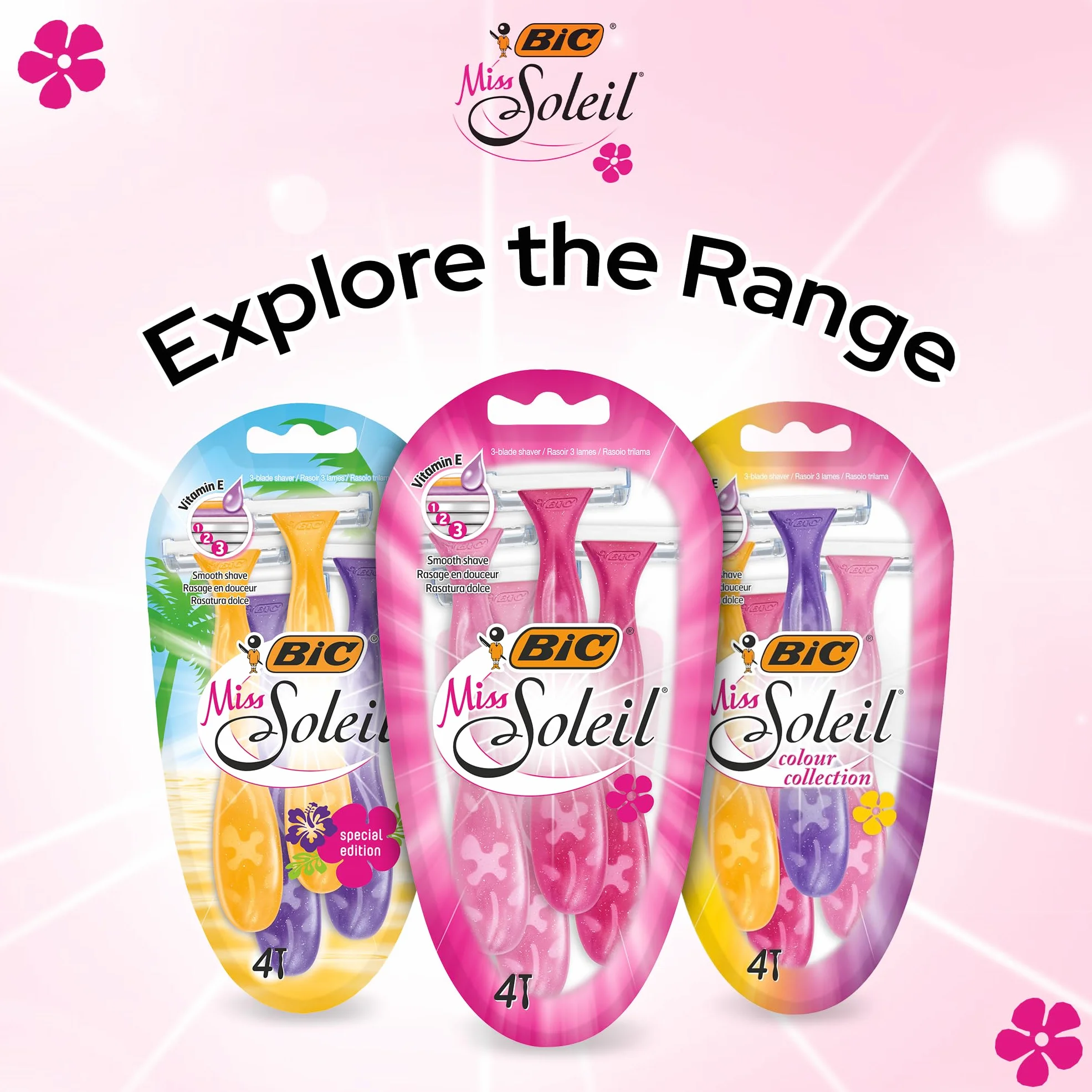 BIC Miss Soleil Color Collection potrójne ostrze golarka dla kobiet, ostrza ze stali nierdzewnej, z uchwytami zaprojektowanymi kwiatami, 8 sztuk