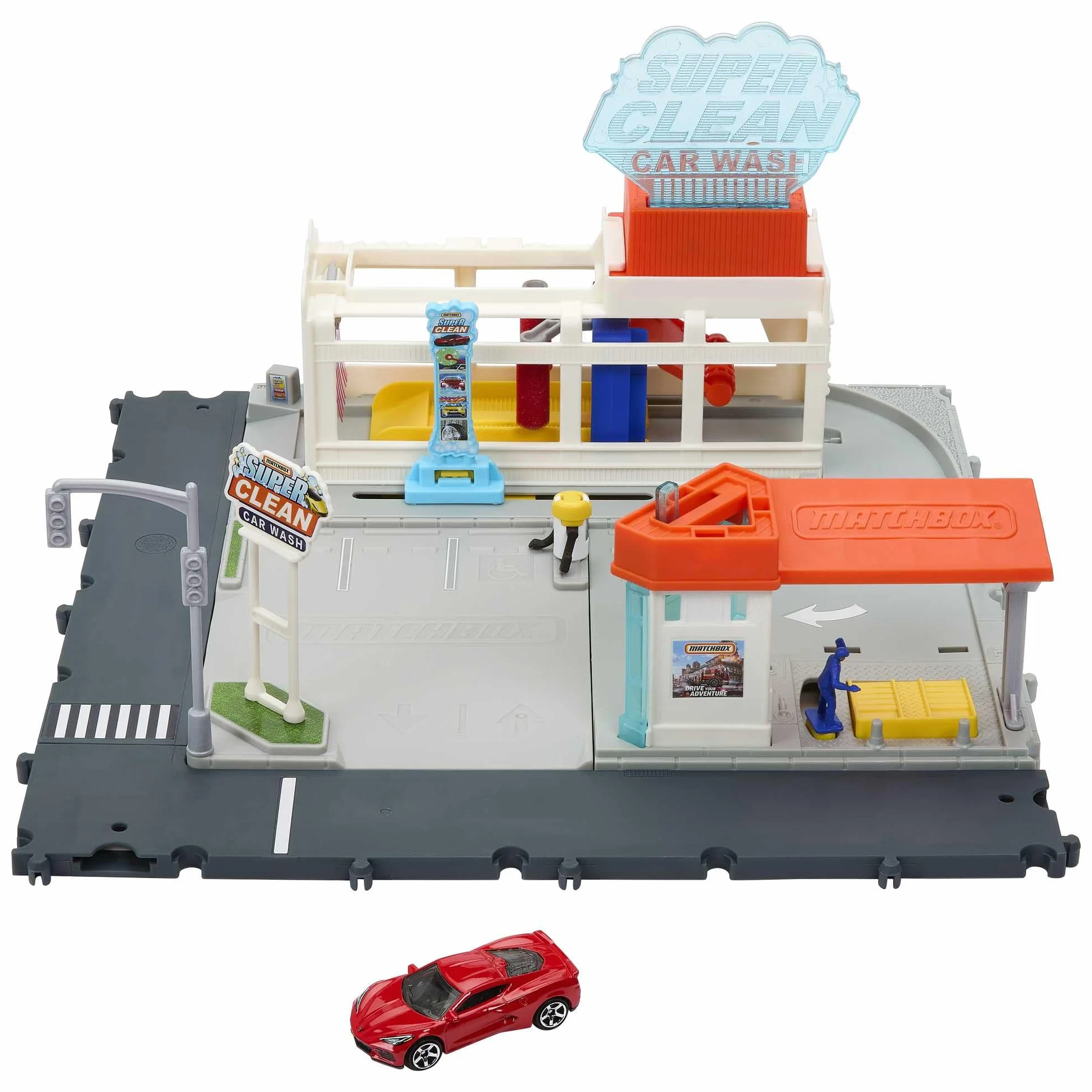 Matchbox Myjnia samochodowa Zestaw z realistycznymi światełkami i dźwiękami, funkcjami aktywowanymi ręcznie/pojazdem oraz 1 samochodzik Matchbox, łączy się z innymi zestawami, HNJ54