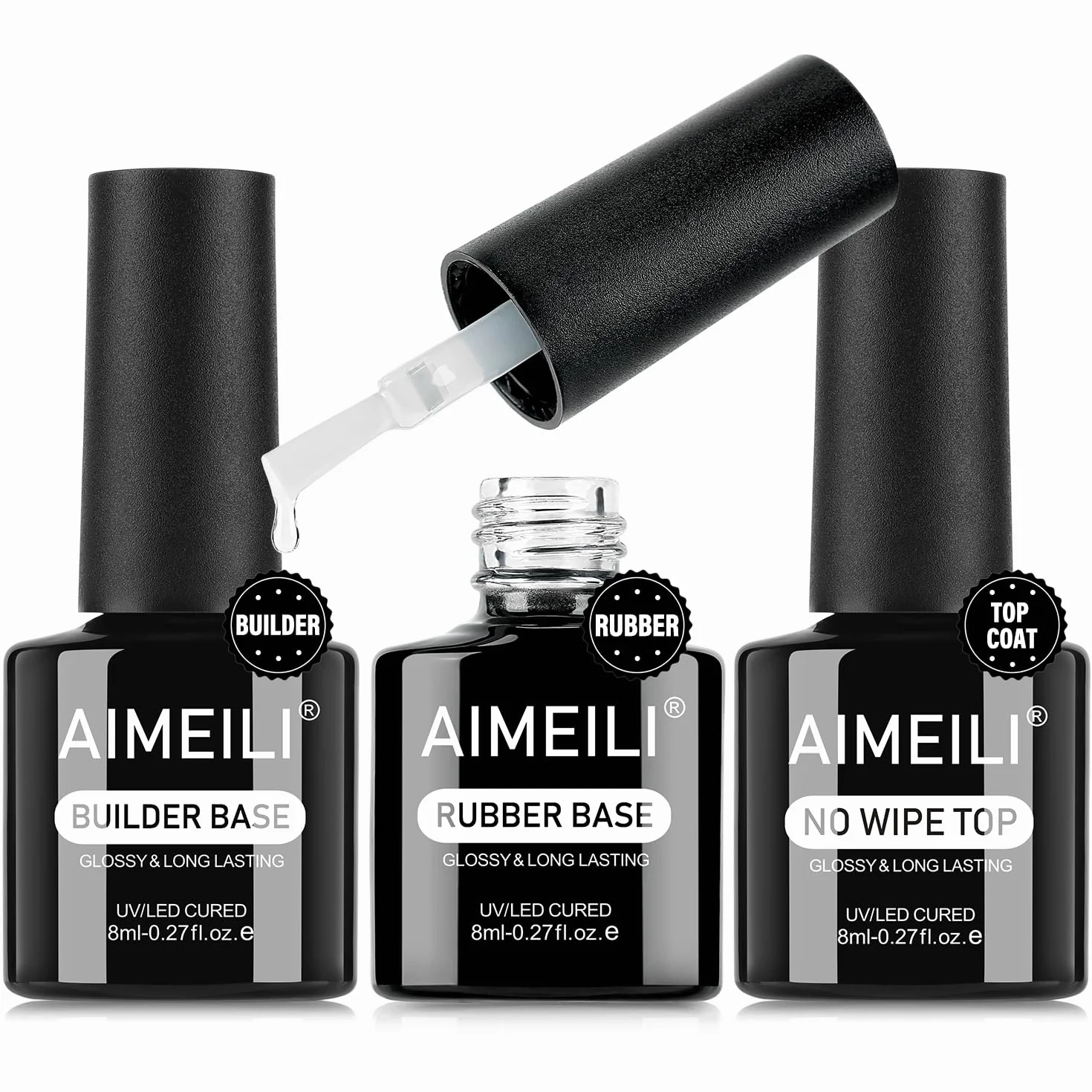 AIMEILI Builder Gel Nail Rubber Base Top Coat Półtrwały, 3 x 8 ml, 7 IN 1 Builder Gel Rubber Base i Top Coat Półtrwały UV LED Soak Off Set
