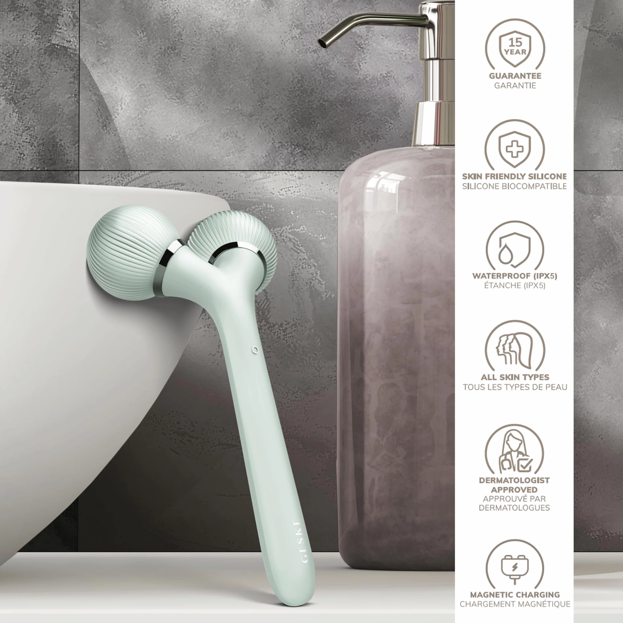 GESKE | SmartAppGuided™ Soniczny roller do twarzy i ciała | 4 w 1 | Derma Roller | Roller do skóry | Urządzenie do twarzy i ciała | Profesjonalny wałek do twarzy | Ujędrnia i upiększa ciało i twarz