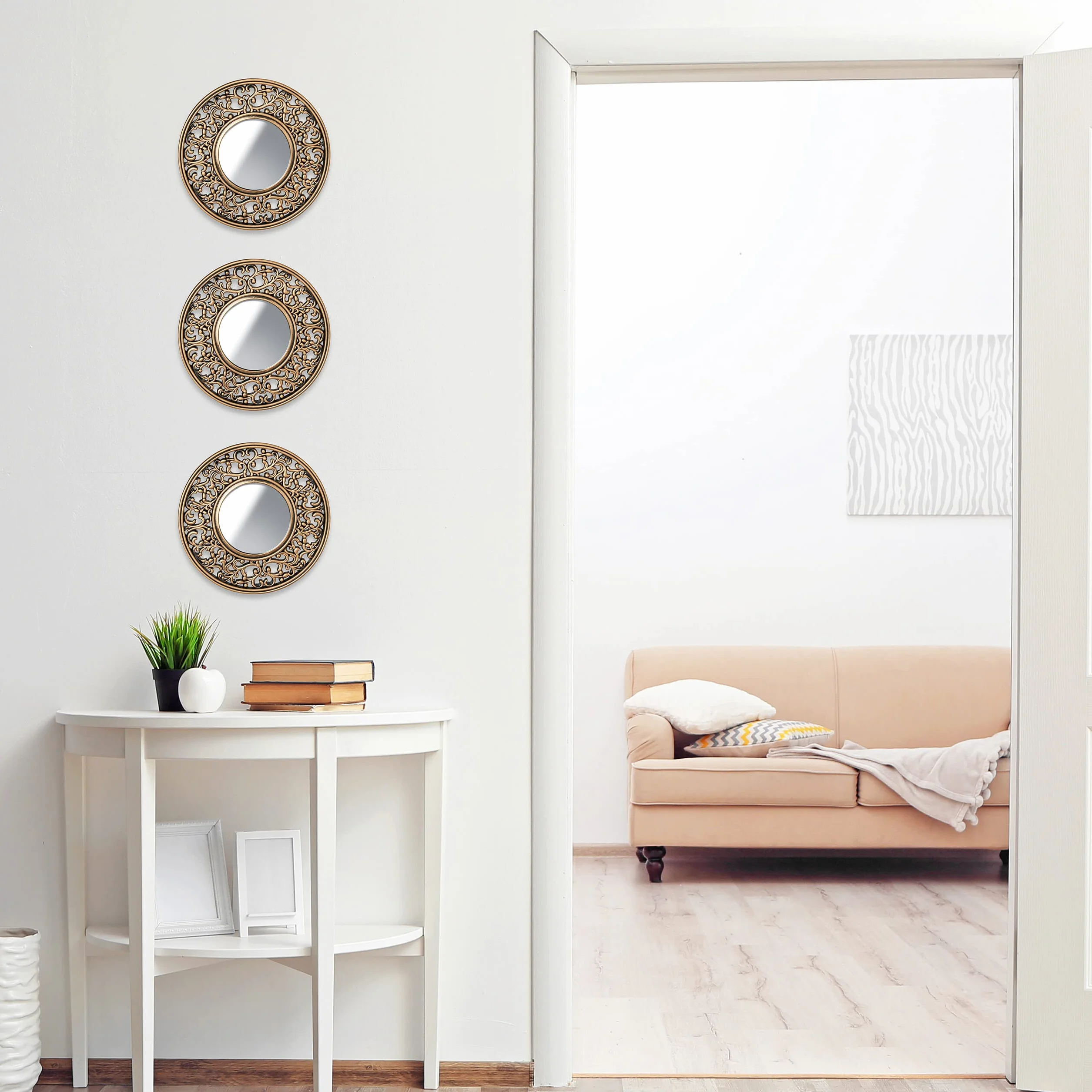 Relaxdays lustro ścienne okrągłe na korytarz lusterko dekoracyjne na ścianę do pokoju 3szt Ø 25 cm, złoty/czarny