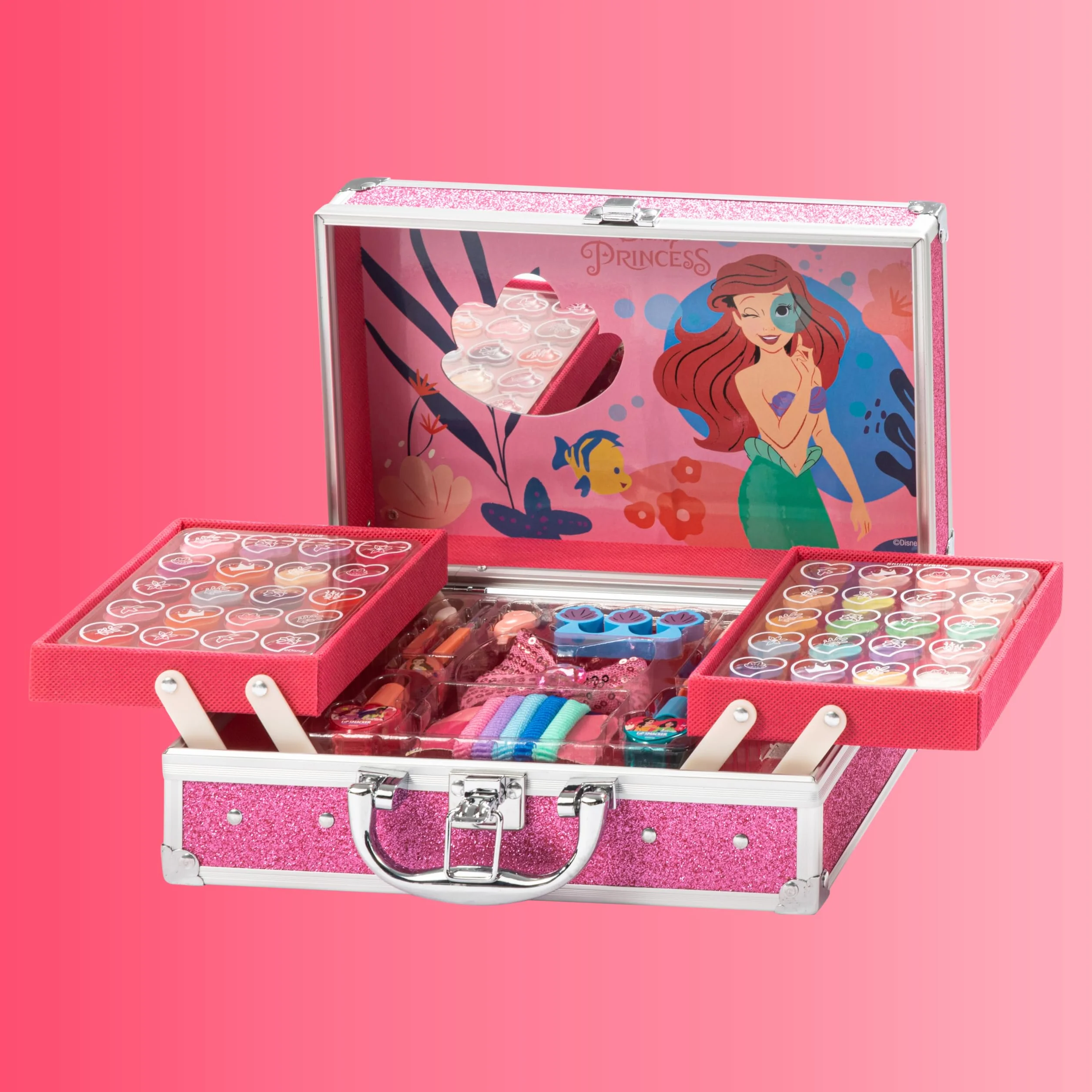 Lip Smacker Disney Princess Trolley, Zestaw do Makijażu dla Dziewczynki, 40+ Elementów do Makijażu Twarzy, Ust i Paznokci, w Tym Akcesoria Kosmetyczne do Włosów i Makijażu