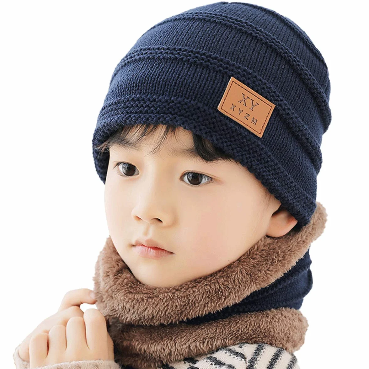 Dziecięca czapka zimowa i szalik zestaw ciepła dzianinowa czapka beanie i okrągły szalik z podszewką z polaru dla dzieci chłopców dziewcząt