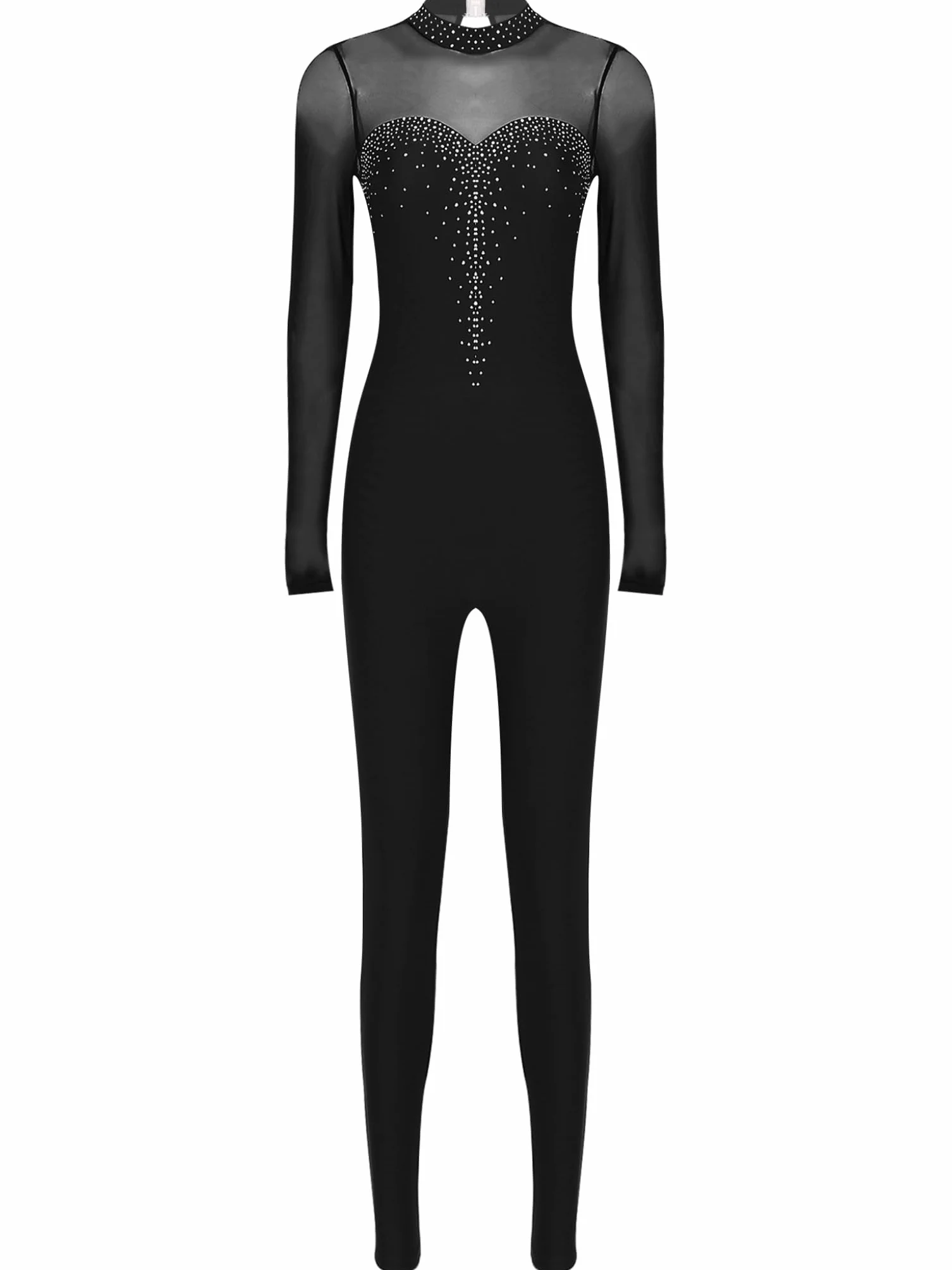Runhomal Damski trykot do tańca cyrkonie z długim rękawem kombinezon do tańca baletowego legginsy gimnastyka strój łyżwiarstwa figurowego S-XXL