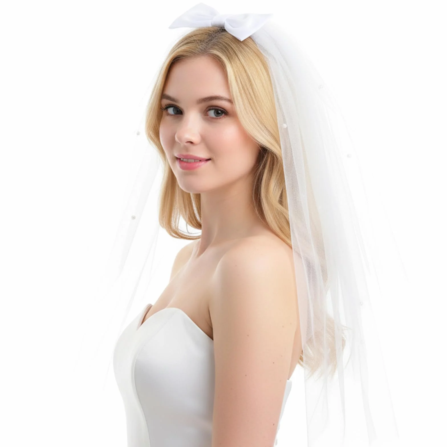 Nogeqi Welon dla panny młodej, 60 cm, krótki, biały, elegancki welon z pereł, tiul, opaska na włosy, ozdoba do włosów na wesele, imprezę, wieczór kawalerski