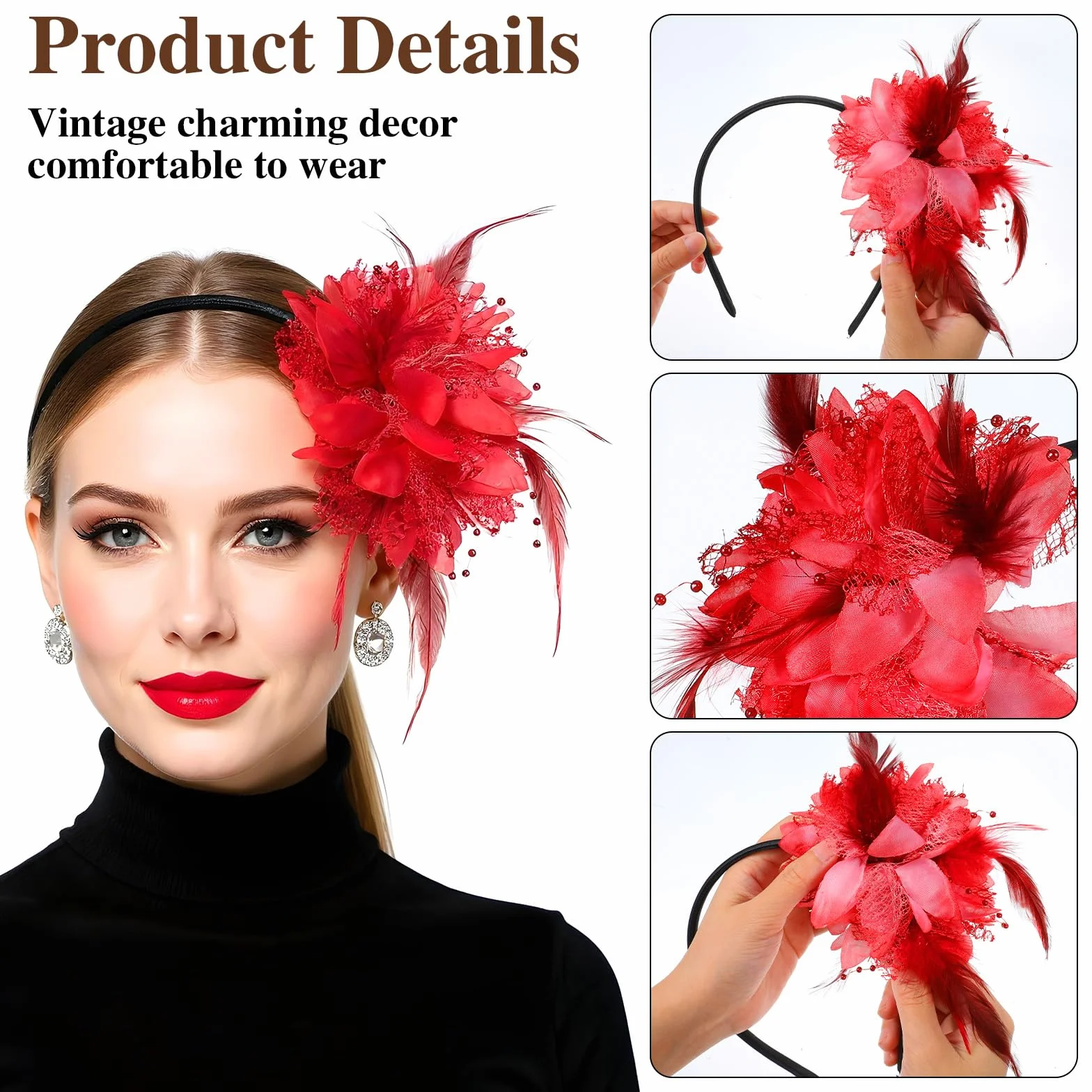 Gjinxi Fascinator kapelusze dla kobiet, na imprezę z piórami, perły, welon, opaska na włosy na wesele, koktajlowa, akcesoria karnawałowe