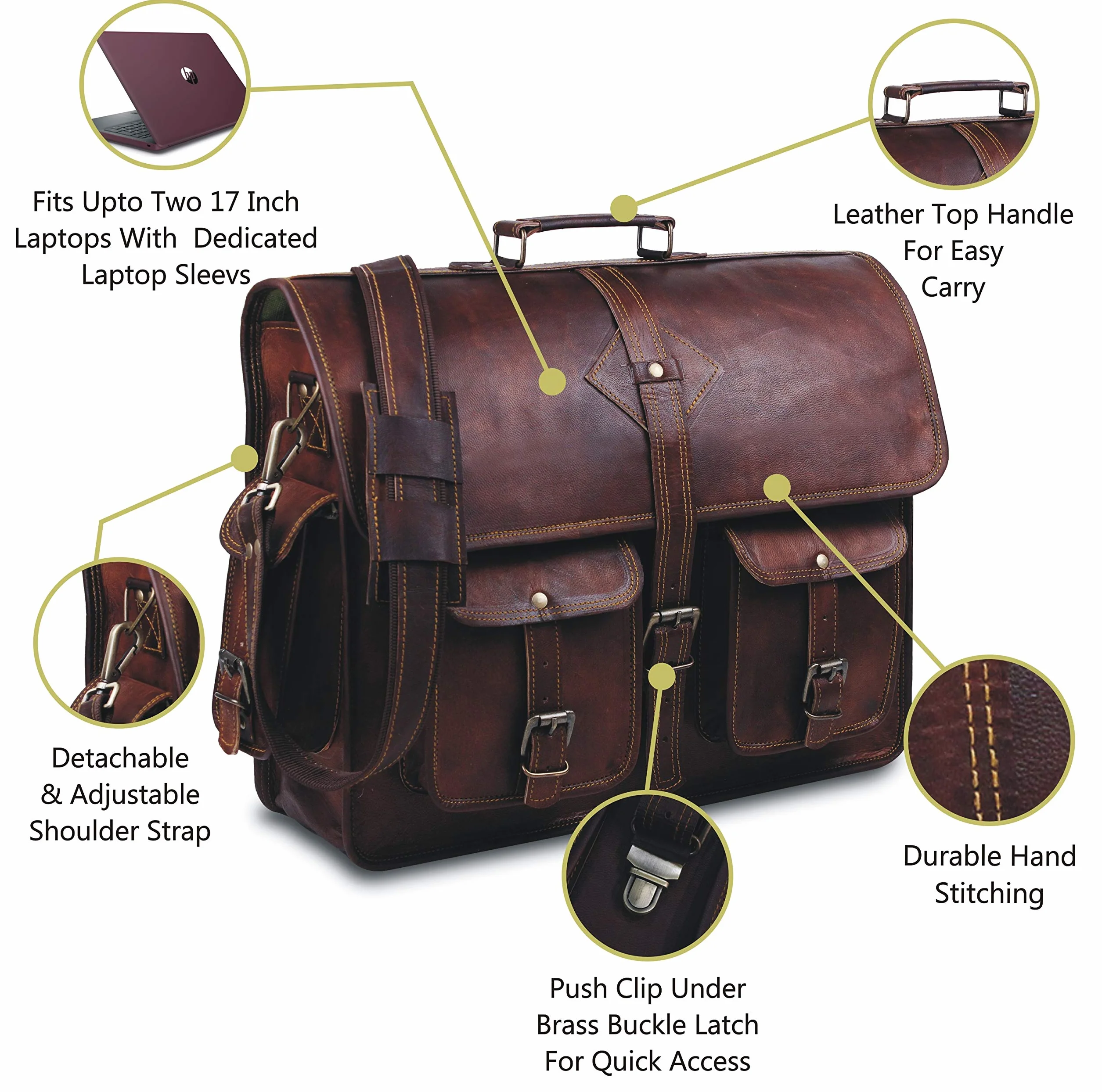 Vintage Leather Laptop Bag for Men Full Grain Large Leather Messenger bag for men 18 inches with rustic look Brown briefcase (Brown)