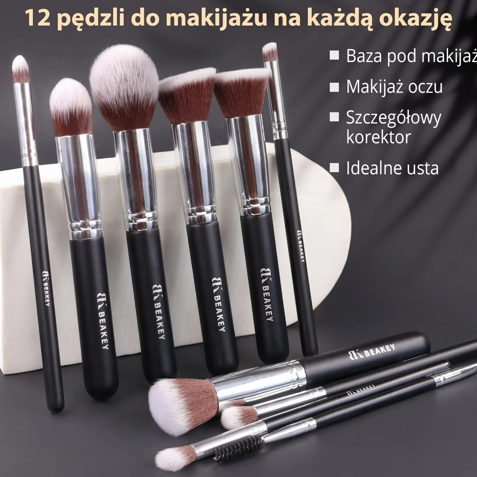 BEAKEY Zestaw pędzli do makijażu 10+2 sztuki srebrny