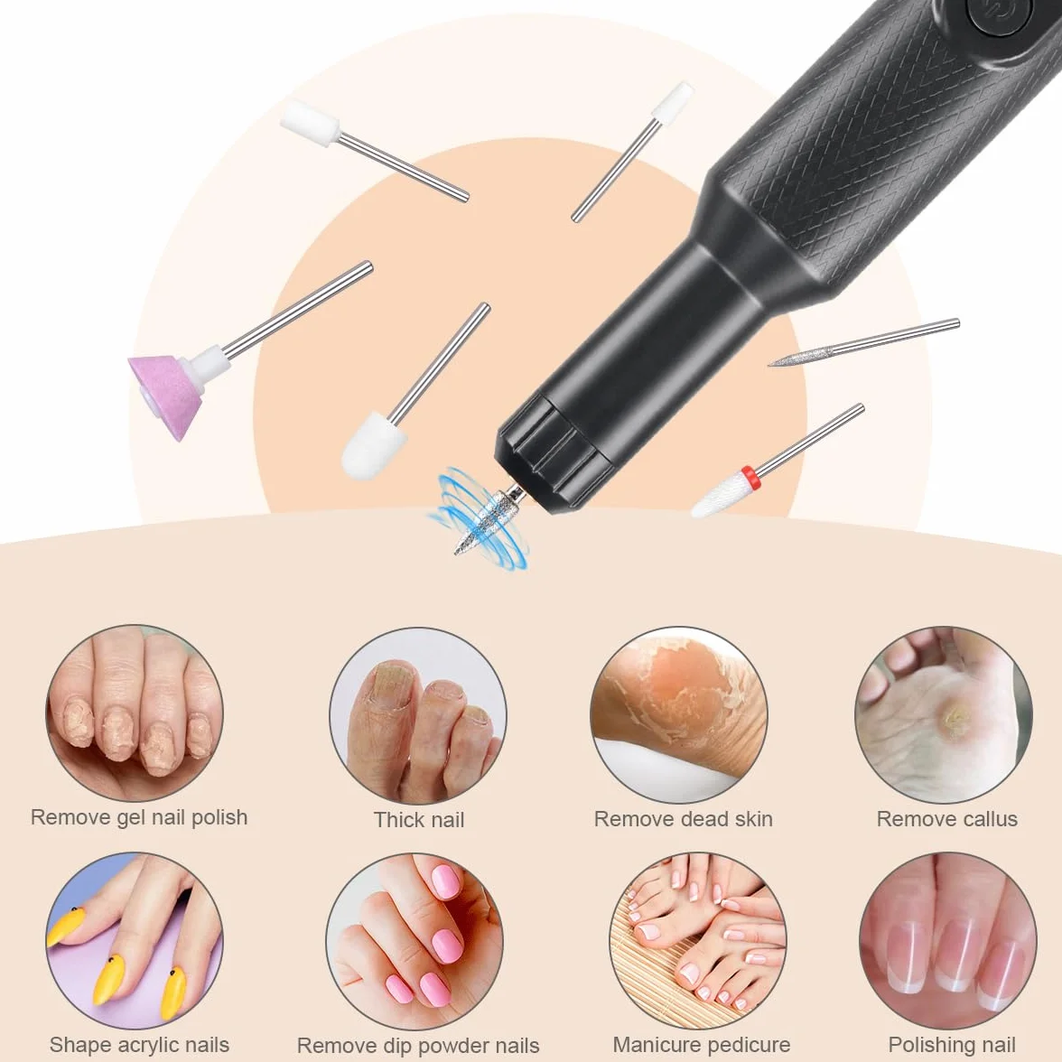 URAQT Elektryczne pilniki do paznokci, akumulatorowa elektryczna wiertarka do paznokci z 12 wiertłami do paznokci, elektryczny zestaw do manicure i pedicure o regulowanej prędkości do użytku w domu i salonie, przenośny zestaw pilników E z podstawą z akumu