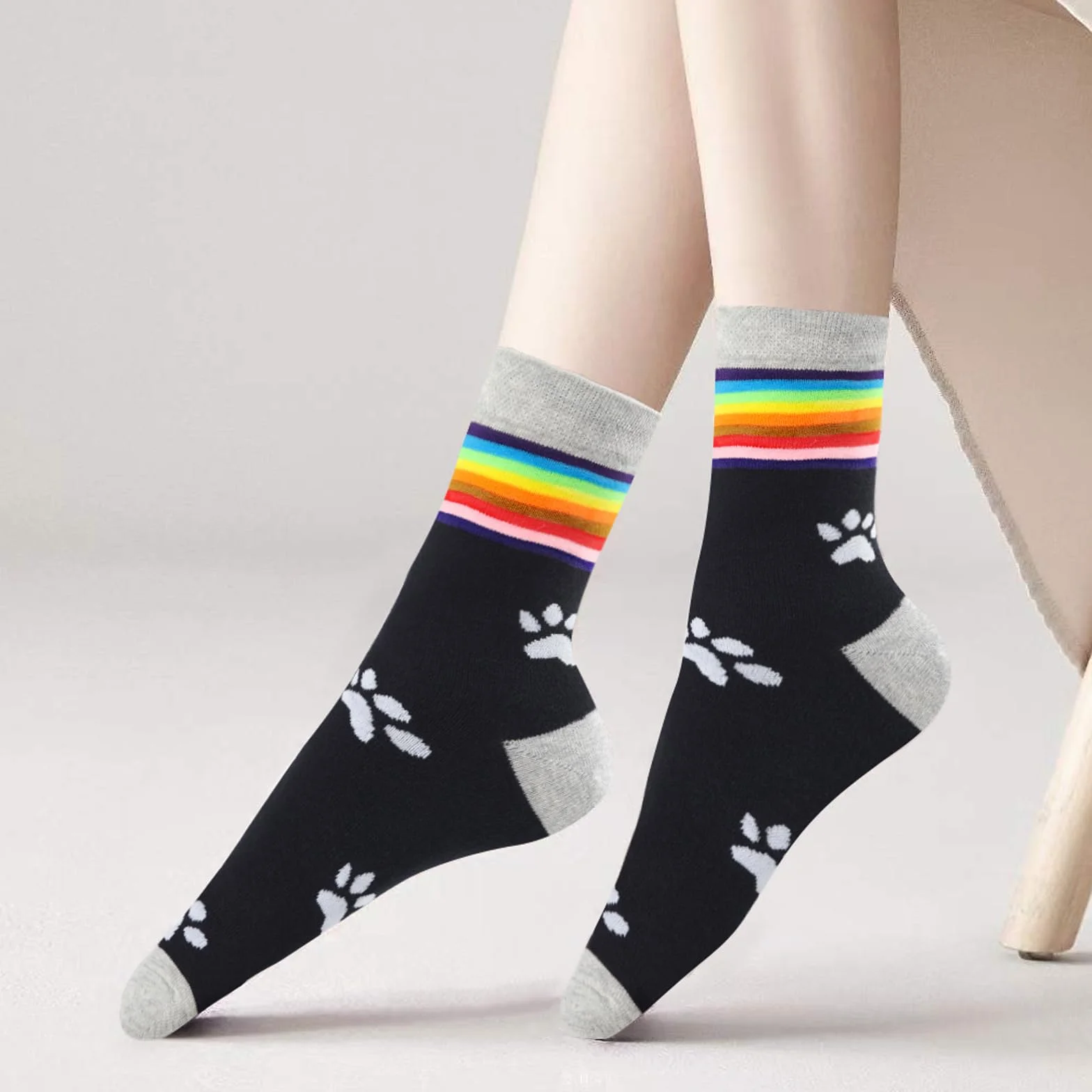 LittleForBig Rainbow Cuff Kitten Paw Bawełniane skarpety Mid Crew Zestaw 2 par - Różowo-Czarna Łapa i Czarno-Biała Łapa