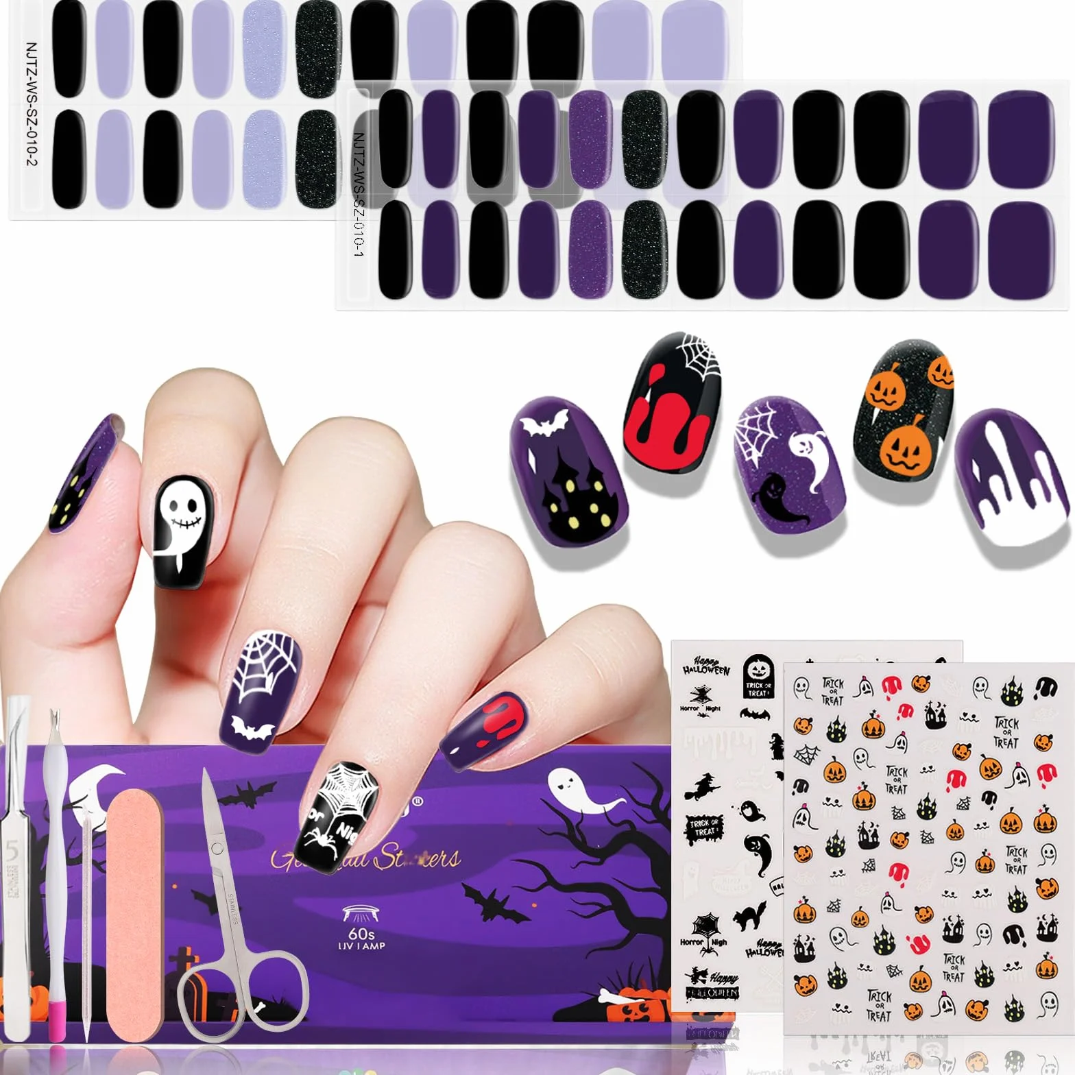 EBANKU Zestaw 55 Sztuk Żelowych Pasków do Paznokci na Halloween, DIY Dekoracja Paznokci, Prezent dla Dziewczyn z Narzędziem