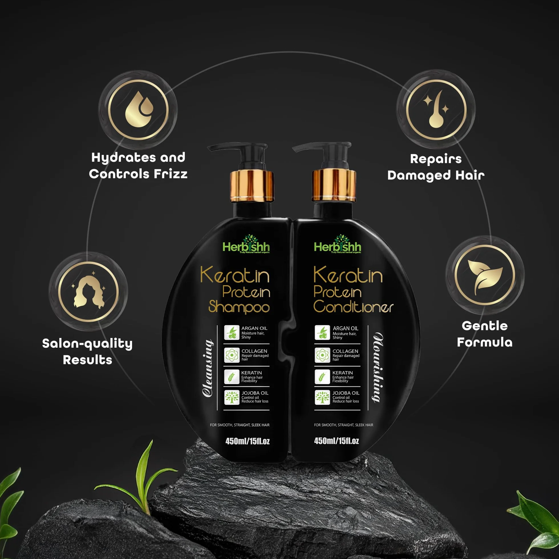 Herbishh Keratin Shampoo and Conditioner Set – Hydrating Keratin Shampoo & Nourishing Conditioner for Dry Damaged Hair – Sulfate Free – Plant Based Keratin Shampoo Conditioner – Safe & Effective