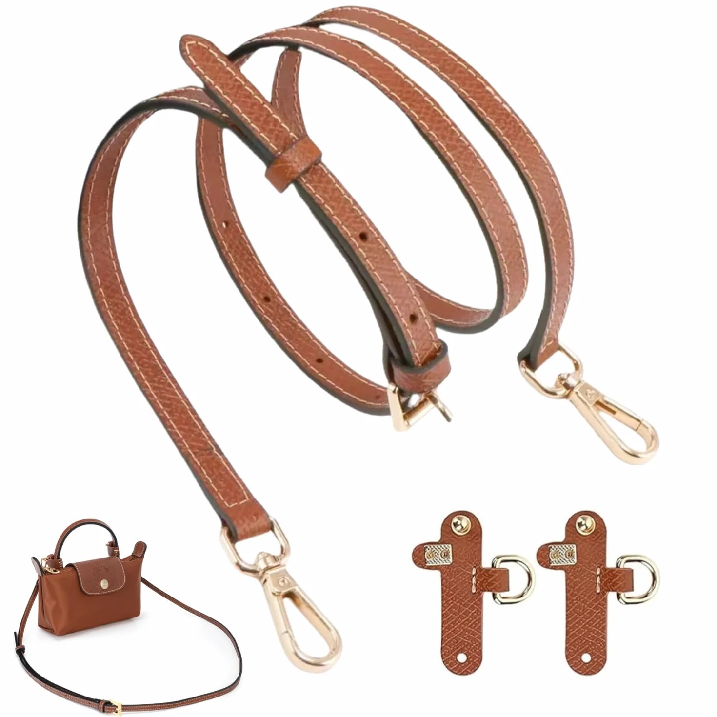 Skórzany pasek na ramię do torebki Longchamp, pasek na ramię do Longchamp, brązowy, mini Bag Straps z 2 adapterami na ramię, zapasowy pasek ze skóry (1,2 cm), żółto-brązowy