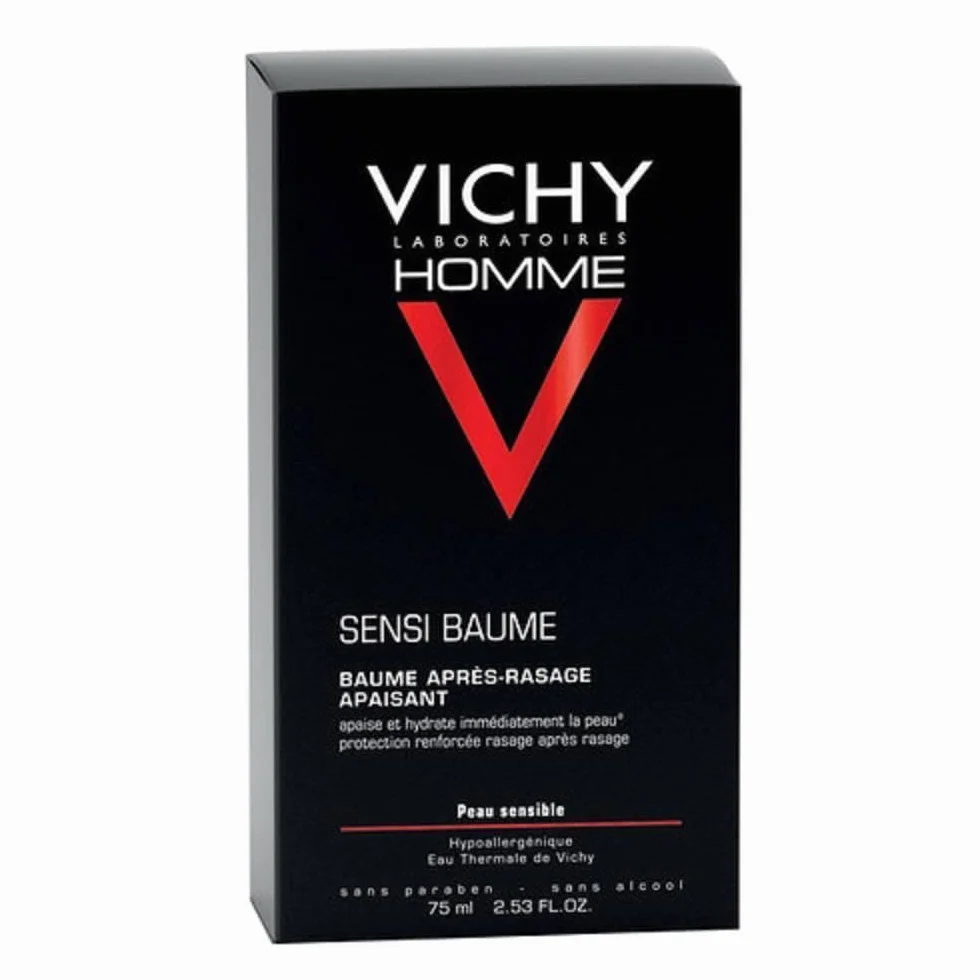 Vichy Homme Sensi Baume Mineral odżywka po goleniu, do skóry wrażliwej, nawilżonej i skóry Lenita, z wapniem, wodą termalną Vichy i gliceryną, po goleniu, 75 ml
