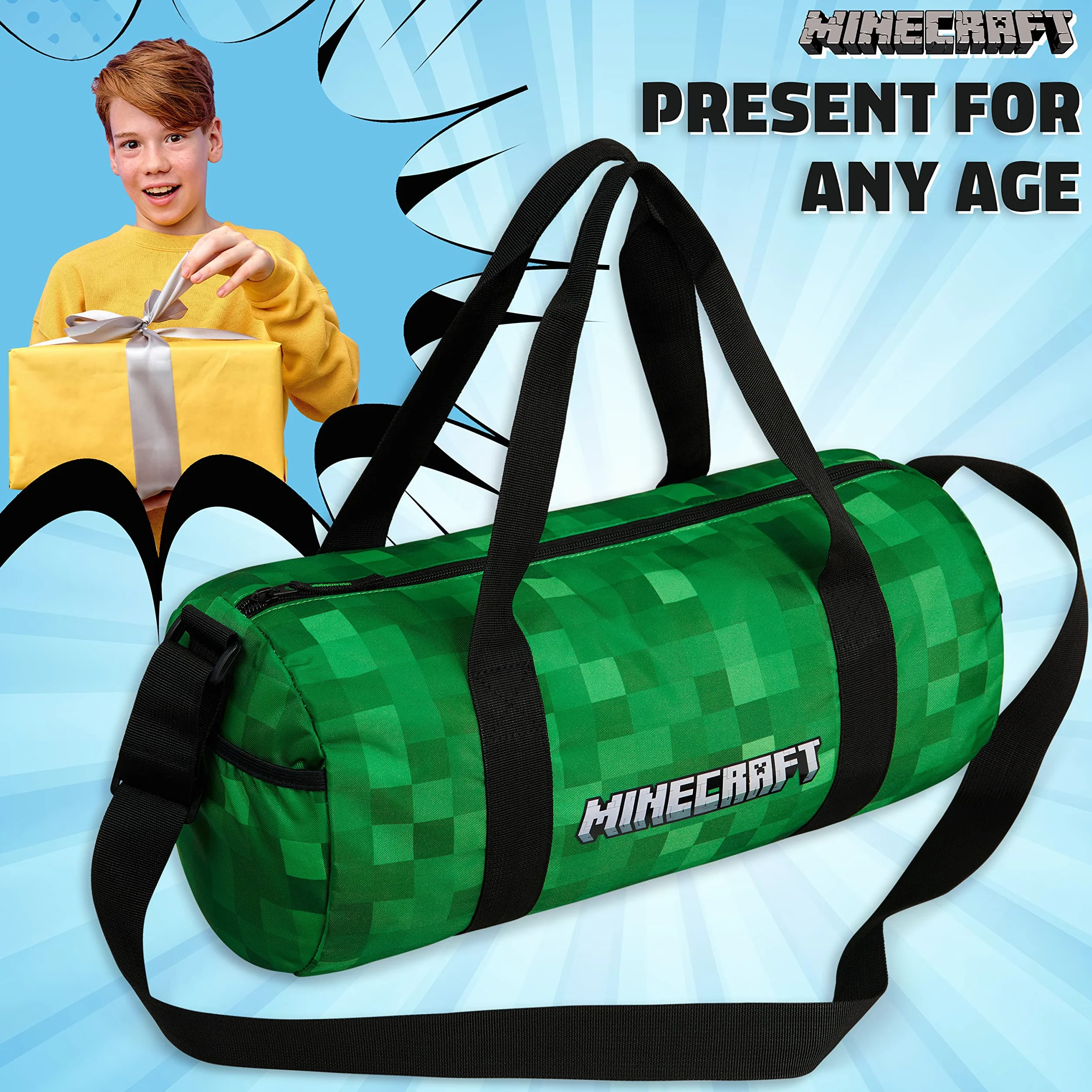 Minecraft Torba sportowa dla dzieci, torba podróżna, dla chłopców, torba sportowa, dla nastolatków, z regulowanym paskiem na ramię, zielony, 41x18x19cm, worek marynarski