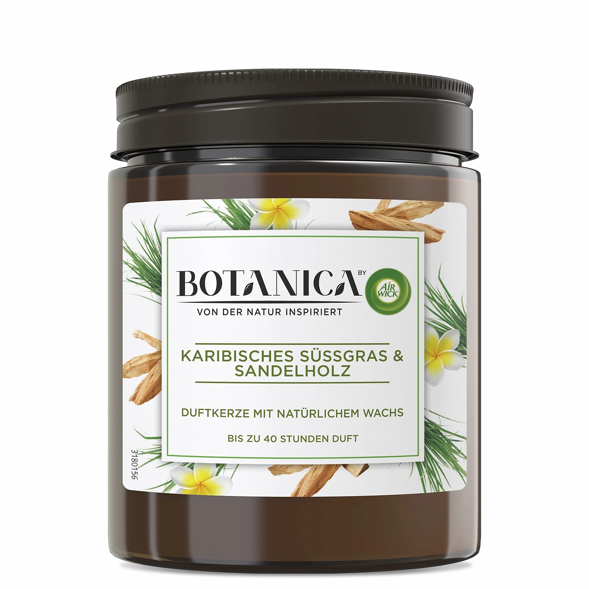 Botanica by Air Wick 6 x świeca zapachowa w słoiku – do 40 godzin na świecę – zapach: słodka trawa i drzewo sandałowe – zrównoważona produkcja z naturalnych składników – 6 x 205 g świeca w słoiku