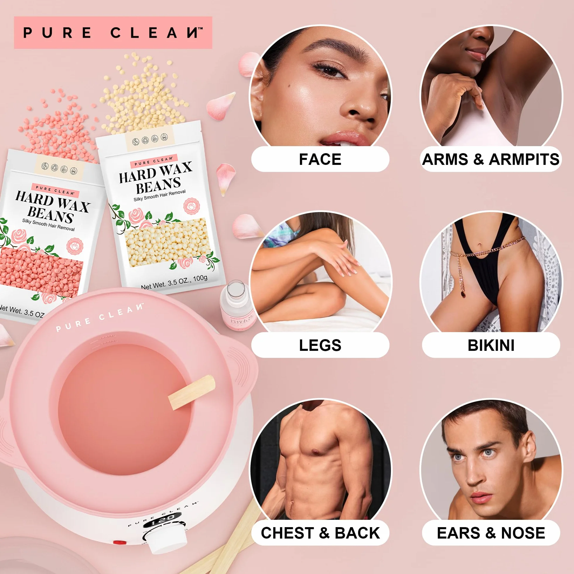 PURECLEAN Zestaw do podgrzewania wosku do depilacji - 4 opakowania perełek woskowych, balsam po depilacji, miska silikonowa - 54 elementy dla wszystkich rodzajów włosów - Twarz, Bikini, Ciało.