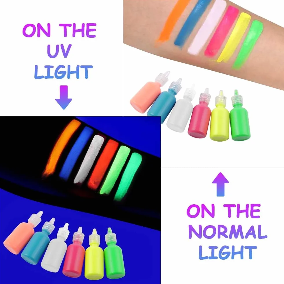 LOPHE Zestaw farb fluorescencyjnych, 6 x 30 ml, obraz z blaskiem UV, kolorowy neonowy zestaw do twarzy i ciała, Halloween, Boże Narodzenie, A