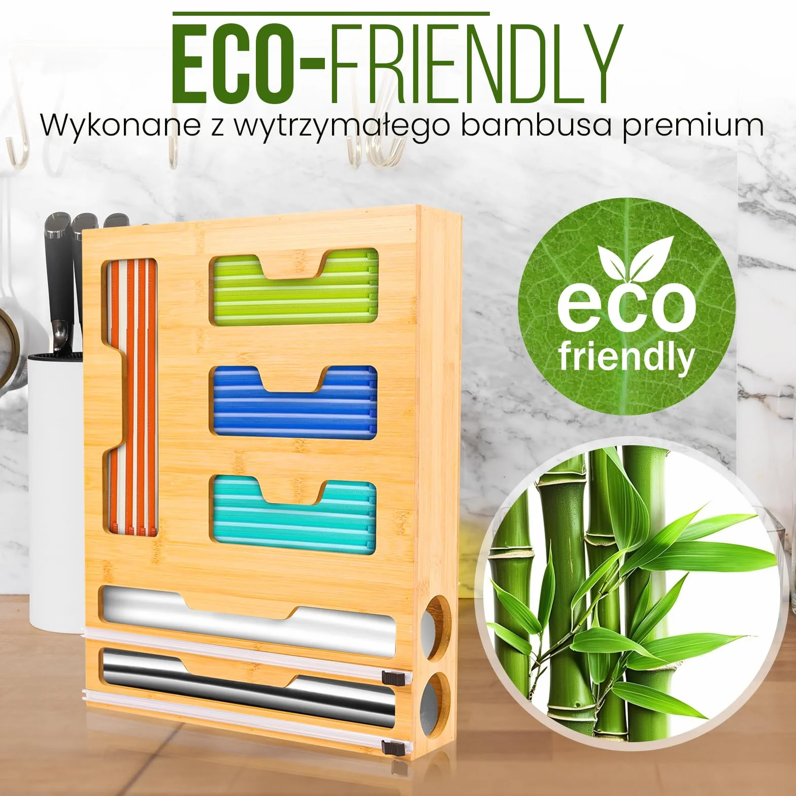 Akcesoria kuchenne 6 w 1 z bambusa z przezroczystym obcinaczem do folii i aluminium, dozownik do zamrażania, 43 x 33 x 9,6 cm, 4 przegródki na torby, 2 wbudowane nożyczki