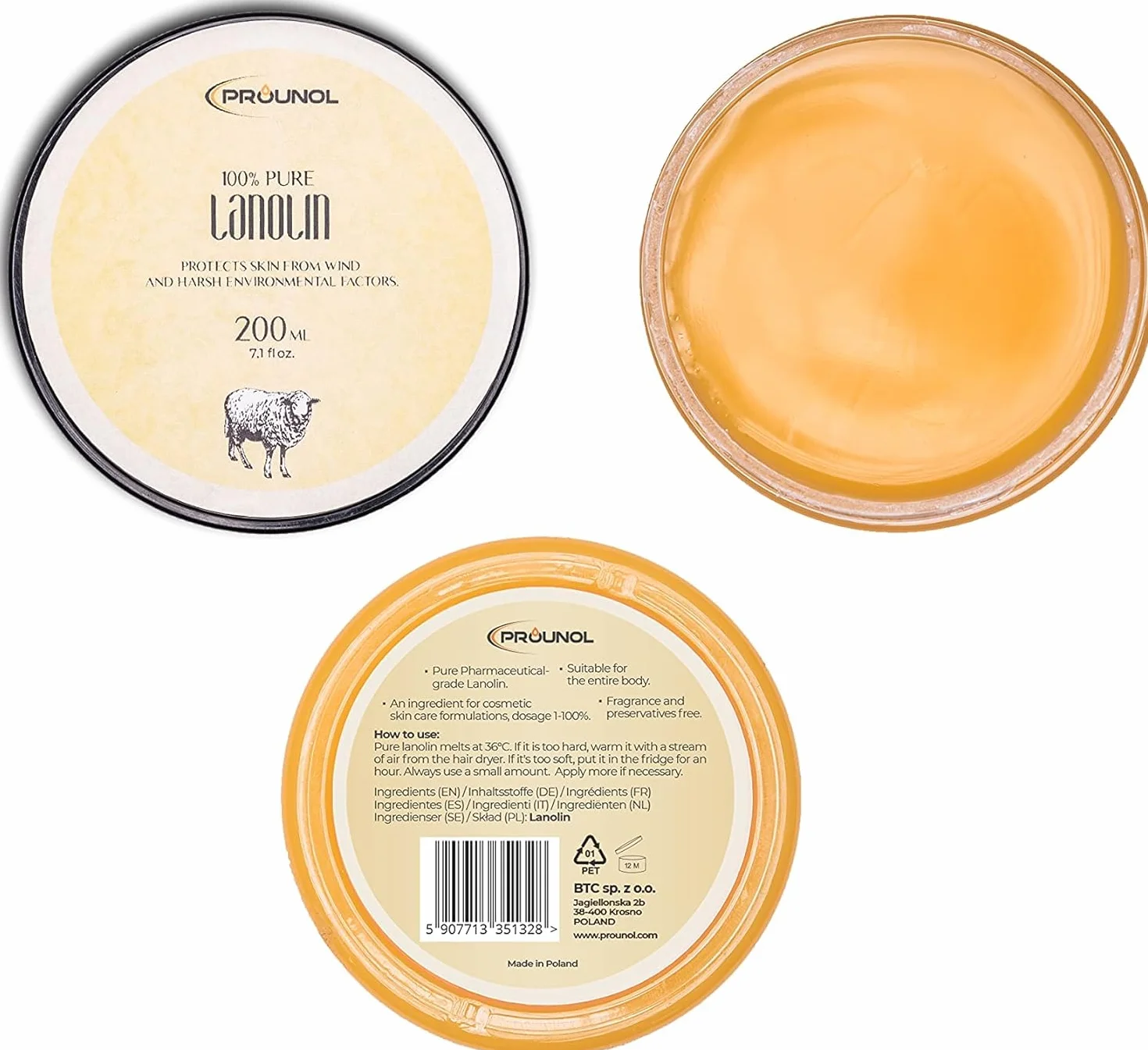 PROUNOL Lanolin Pure (Lanolina Bezwodna) 100% Naturalny Krem do Pielęgnacji Rąk i Stóp, słoik 200ml