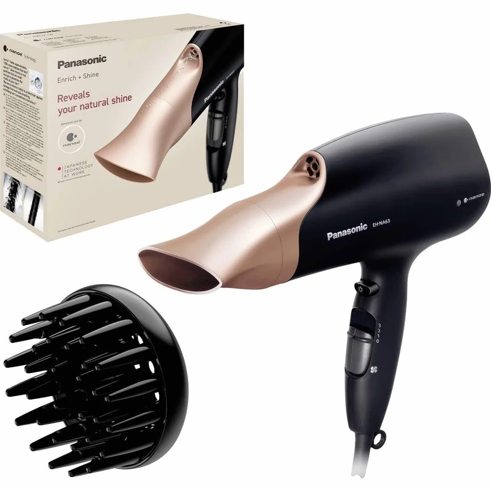 Panasonic EH-NA63 suszarka do włosów z technologią nanoe™ (2000W, 3 ustawienia prędkości, 4 temperatury, dyfuzor do suszenia loków), czarno-złota