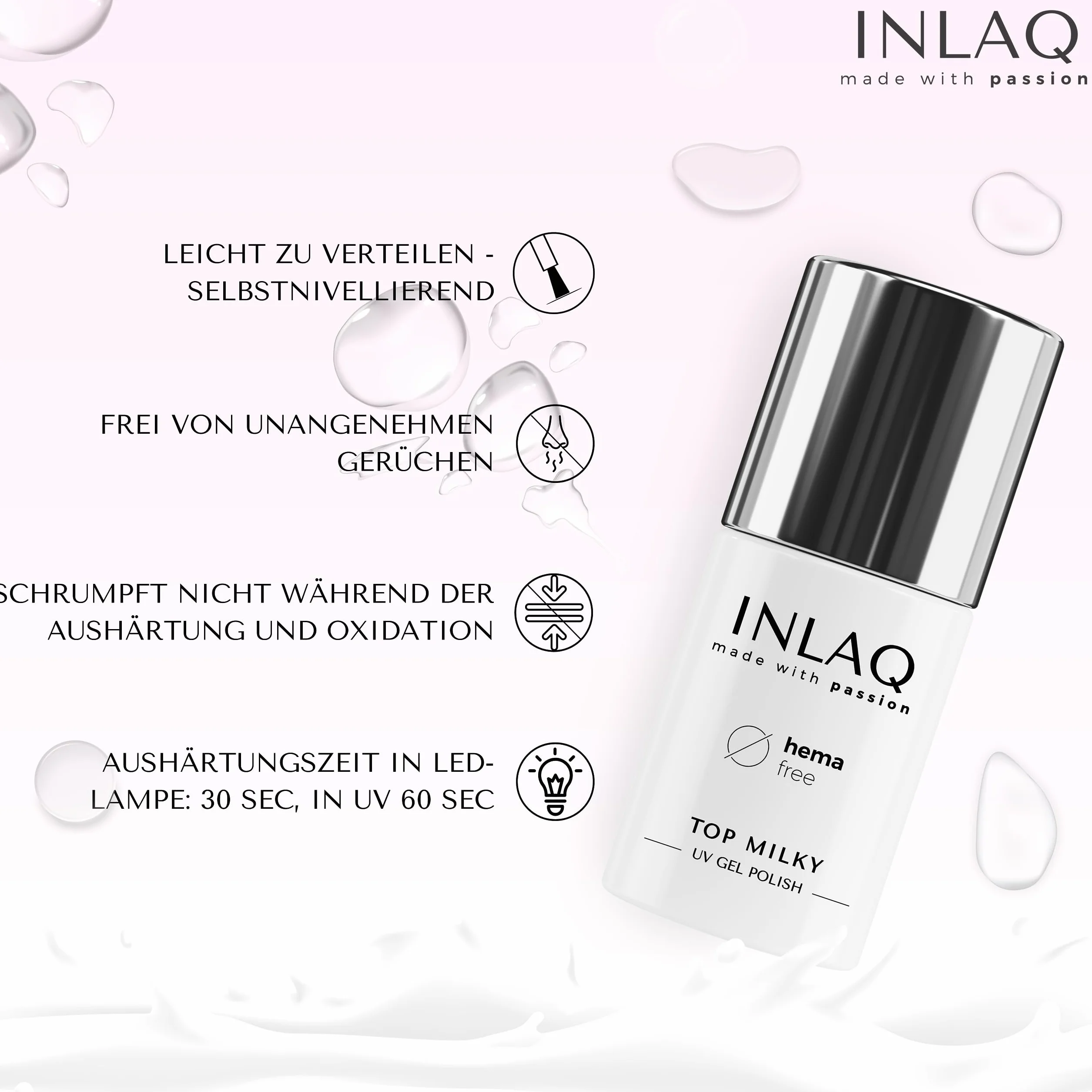 INLAQ® HEMA Free Top Milky White Coat 6 ml - Żelowy lakier UV Top Coat z mlecznym kolorem, 20% krycia Baby Boomer – Żelowy lakier nawierzchniowy Top Coat bez Hema i Di Hema…