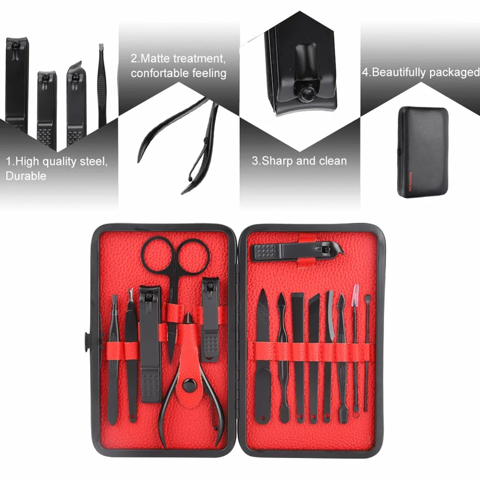 Manicure Pedicure Kit Professional Nail Clippers Set Stainless Steel 15Pcs Black PU Leather Case Red