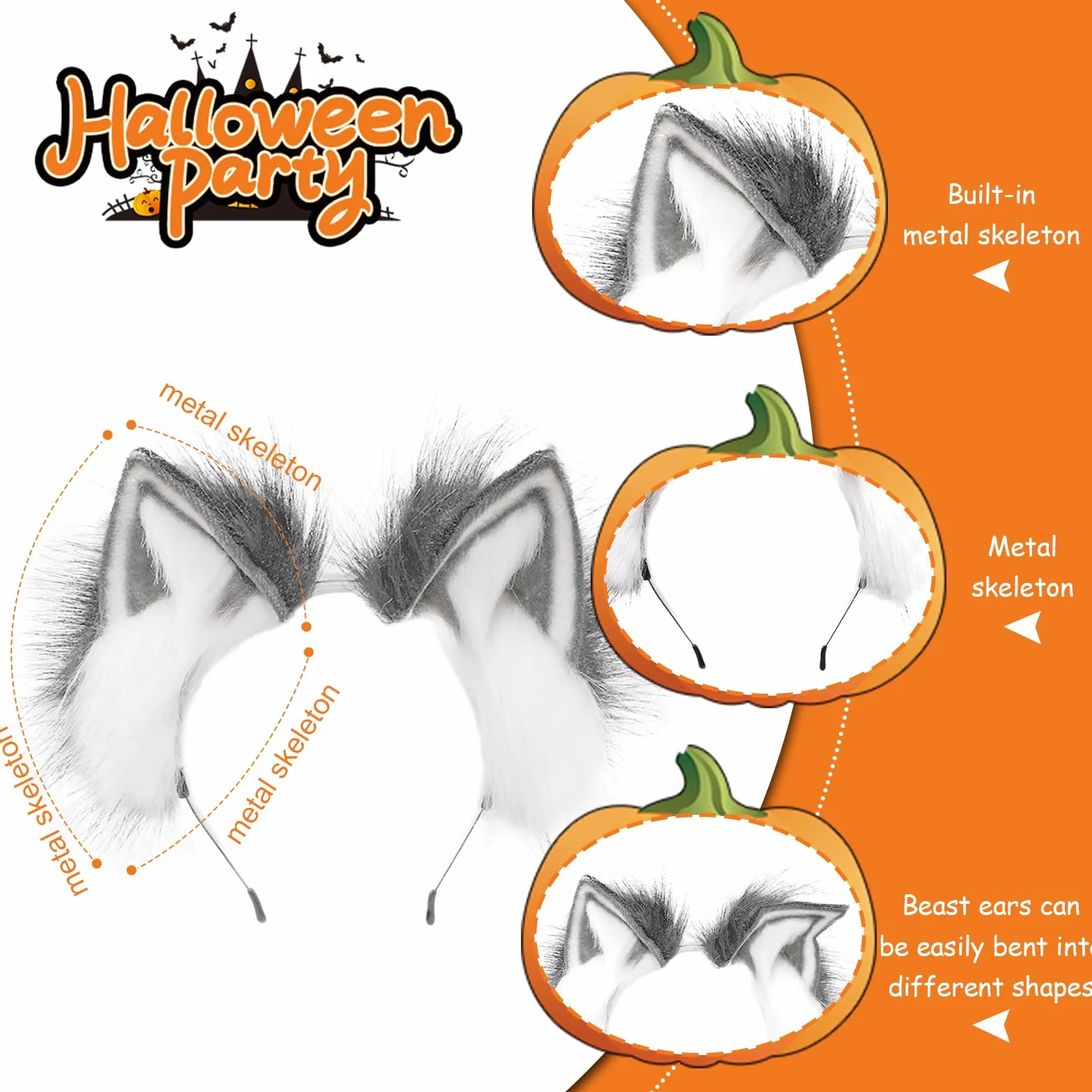 Ulikey Zestaw do przebierania się wilka, lisi ogon, Halloween, sztuczne futro, kocie uszy pluszowe, wilk, lisi ogon, zestaw z opaską na czoło i rękawiczkami, na Halloween, karnawał