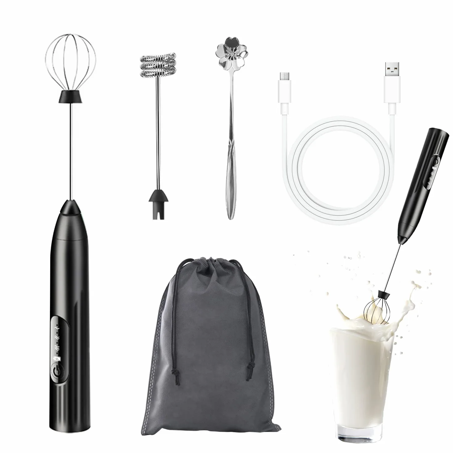 Ręczny elektryczny spieniacz do mleka, ładowany przez USB, mini przenośny blender do napojów, 3 regulowane poziomy do cappuccino, latte, kawy mlecznej, gorącej czekolady