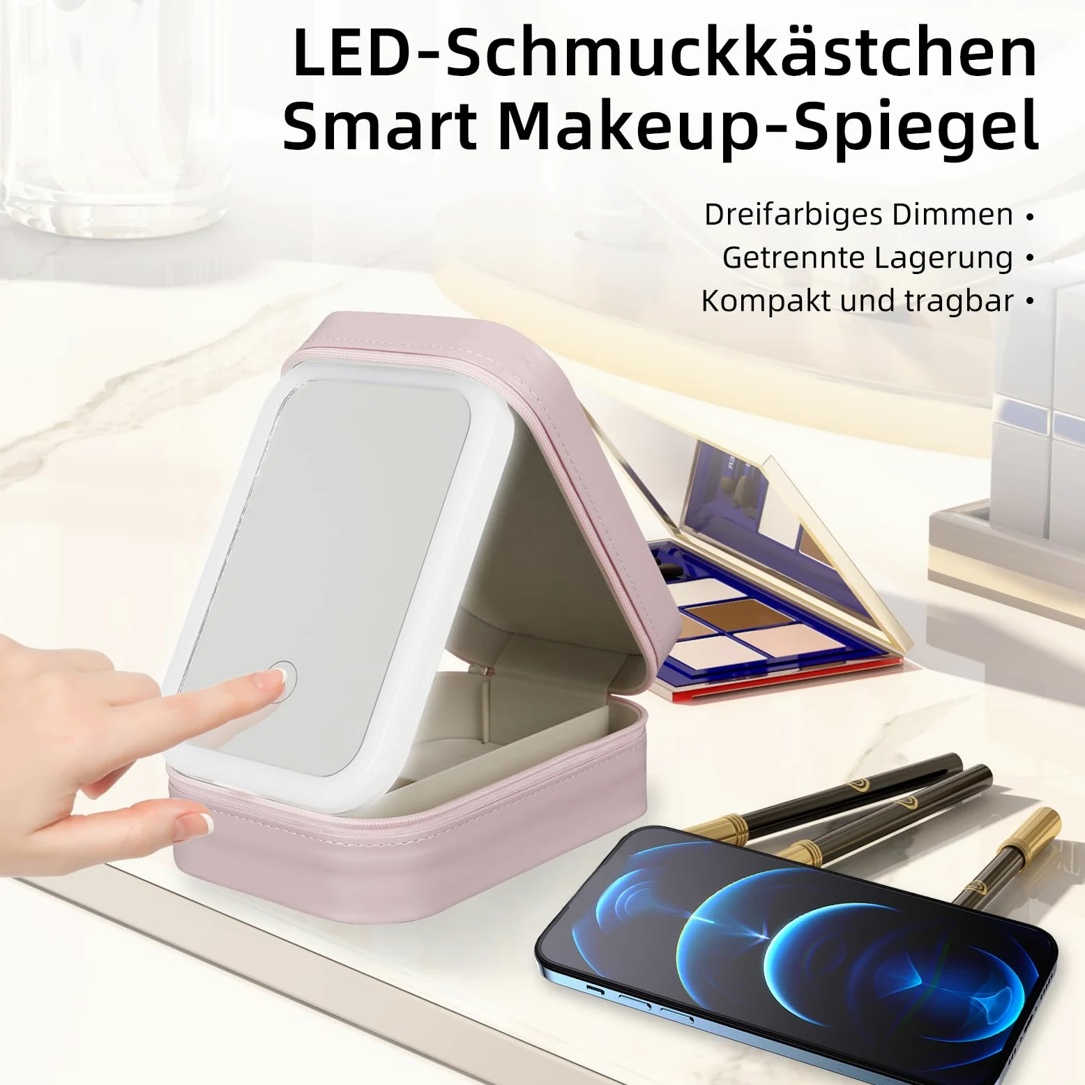 Kosmetyczka z podświetlanym lustrem, torba do makijażu z lustrem - 3 kolory światła LED, podróżna walizka kosmetyczna organizer, przenośna walizka do makijażu z przegródkami, Rosa